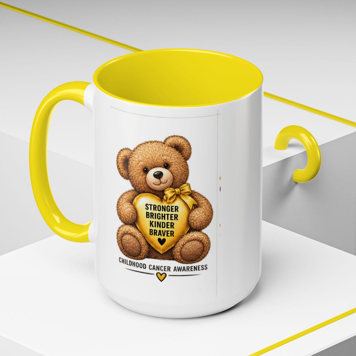 Childhood Cancer Awareness Coffee Mug — 'Stronger Brighter Kinder Braver' Teddy