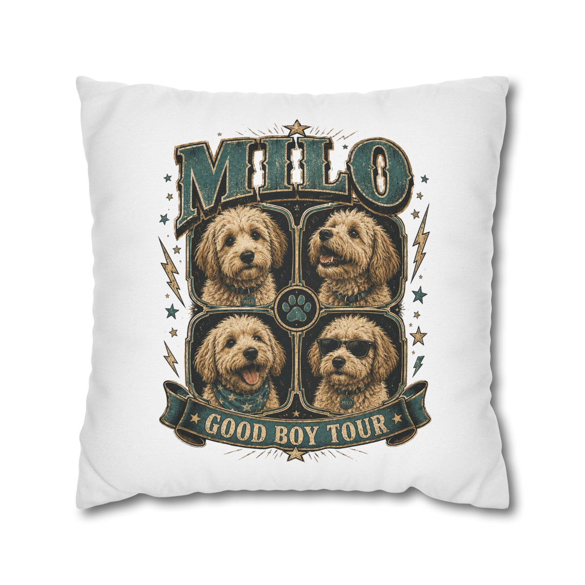 Milo "Good Boy Tour" Decorative Pillowcase — Dog Band Tour Poster Throw Pillowcase Milo Bailey Dog Dad Mom