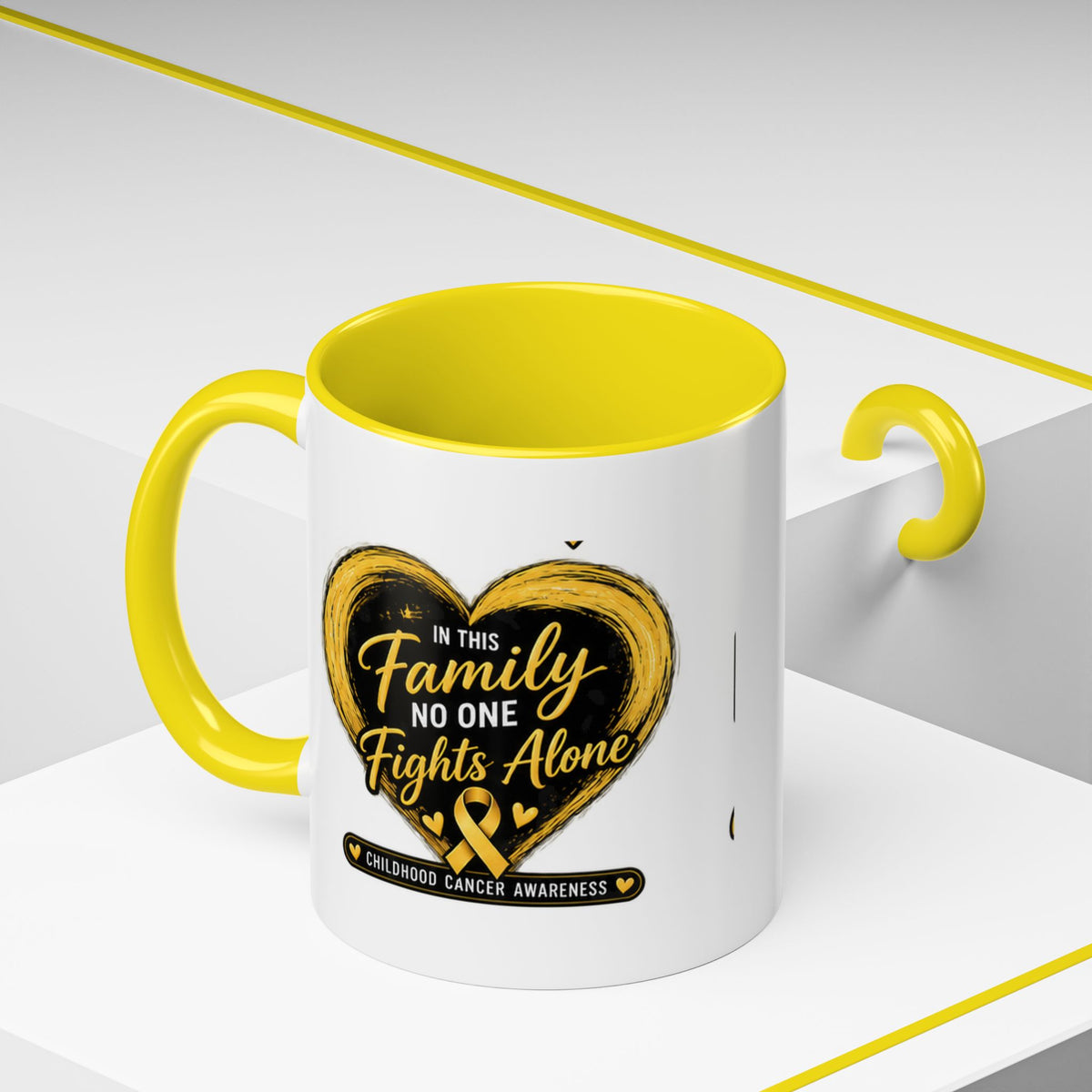 Childhood Cancer Awareness Accent Coffee Mug — "In This Family No One Fights Alone"