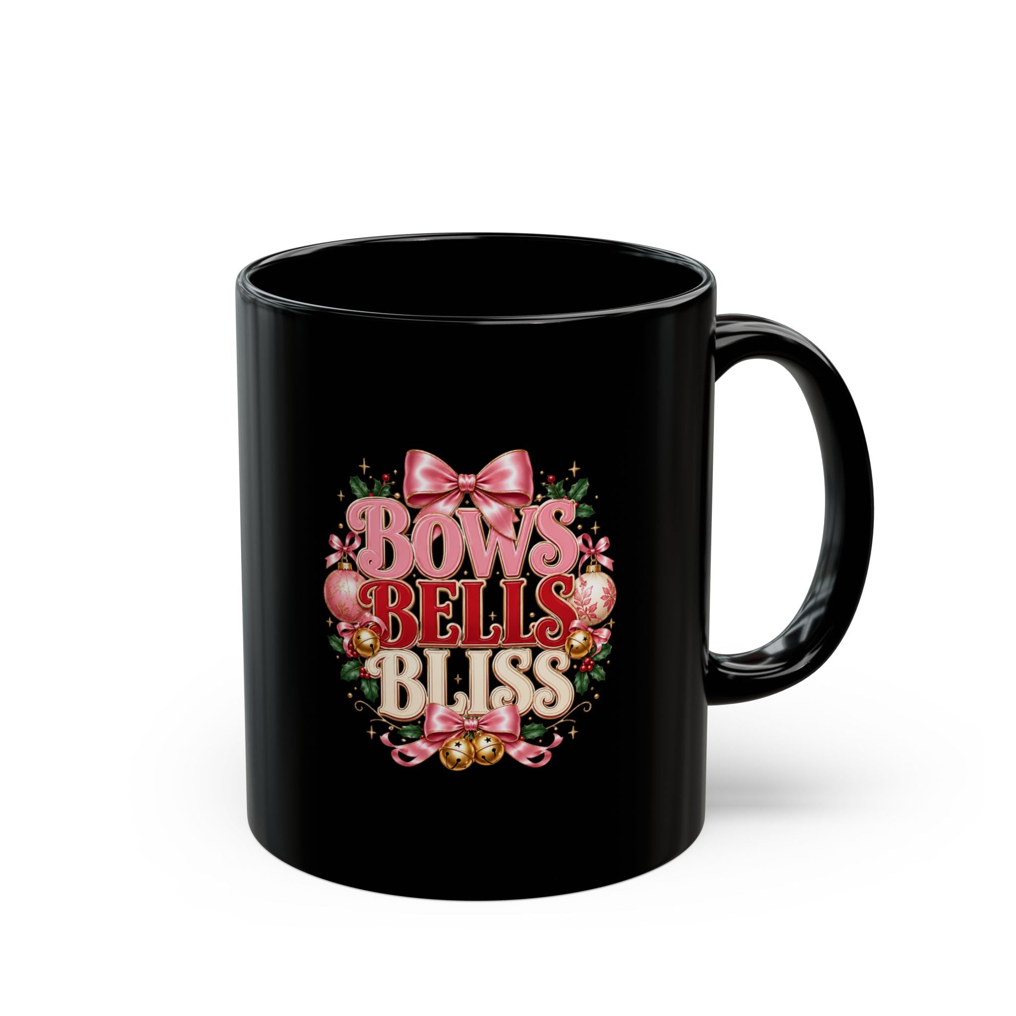 Bows, Bells & Bliss Black Christmas Mug — Festive Holiday Coffee Cup