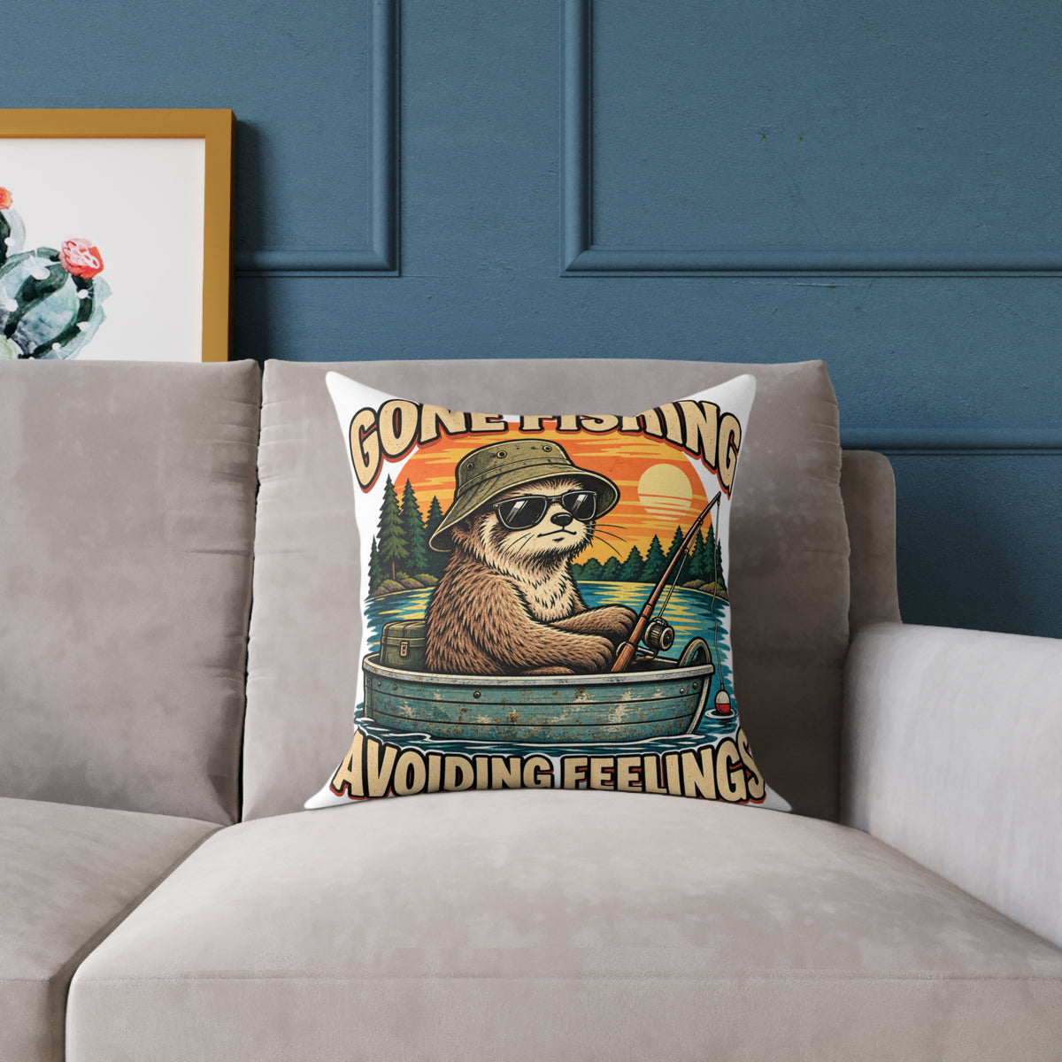 Gone Fishing Pillow —Funny  'Gone Fishing, Avoiding Feelings' Sloth Fishing Decorative Throw Pillow