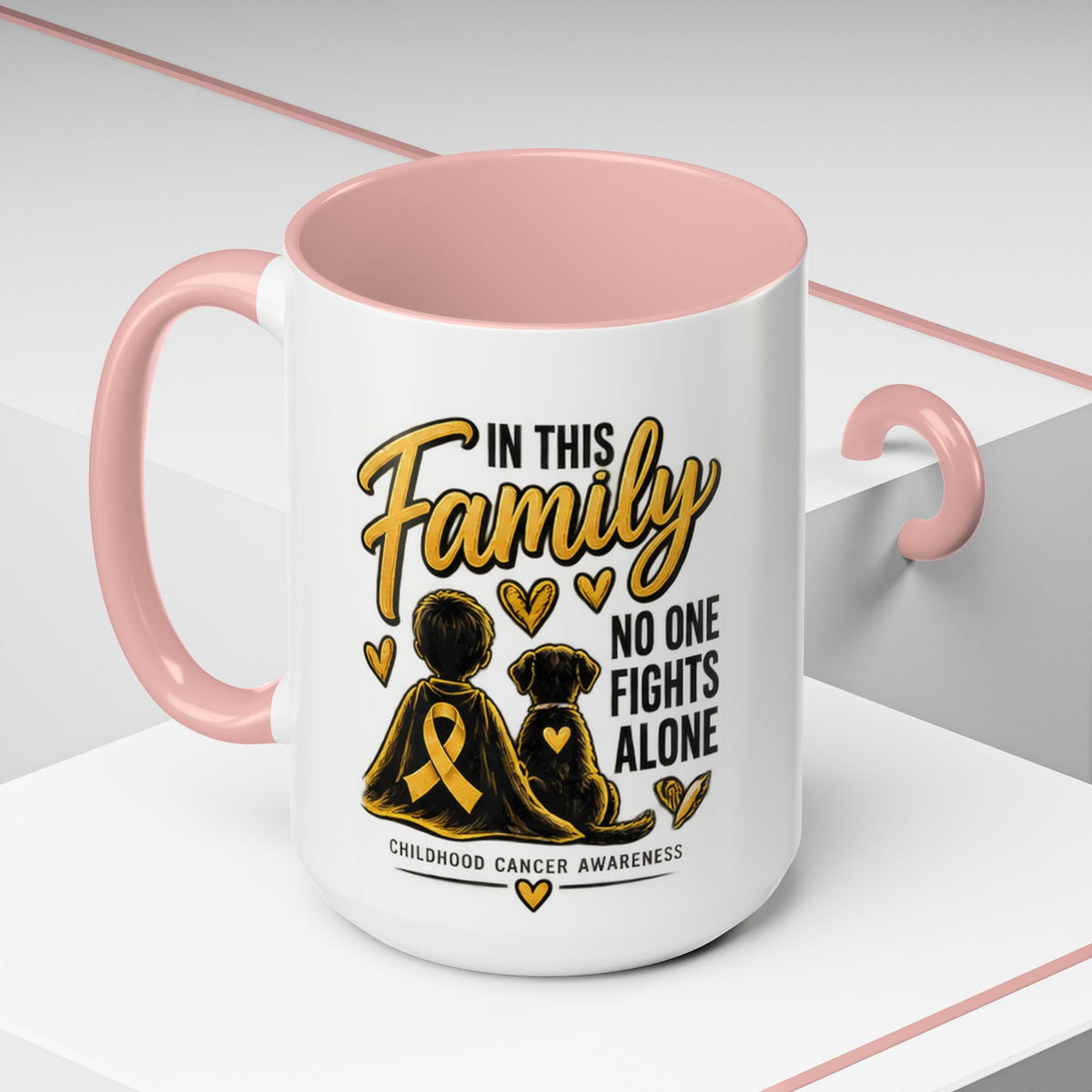 Childhood Cancer Awareness Accent Coffee Mug – "In This Family No One Fights Alone" (11/15oz)