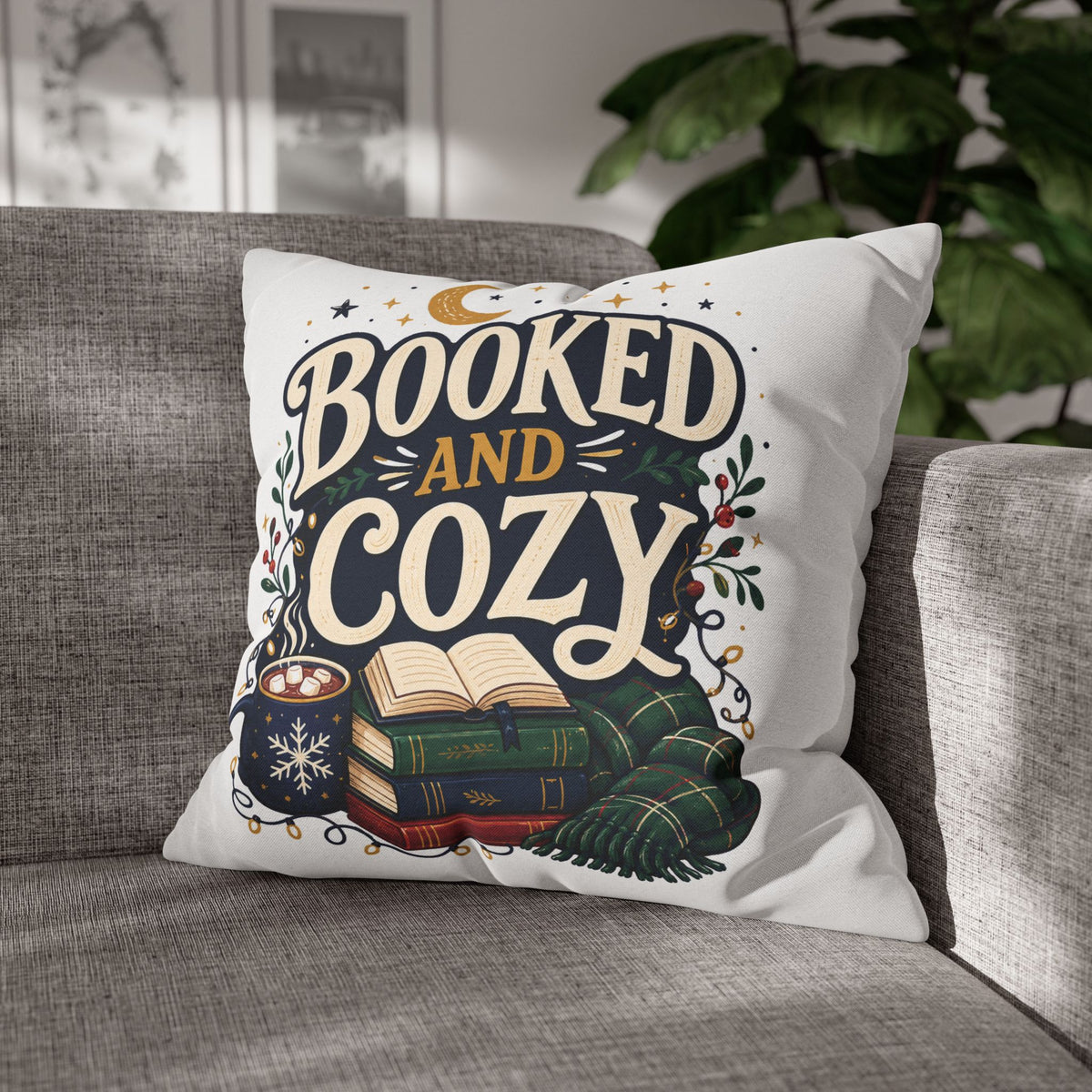 Booked and Cozy Square Pillowcase Modern Day Christmas — Booklover Decorative Throw Pillow Cover