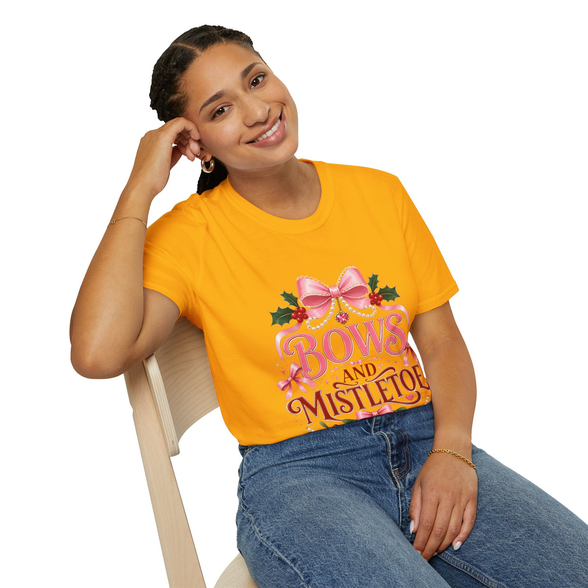 Bows and Mistletoe T-Shirt — Pink Holiday Bow Christmas Tee