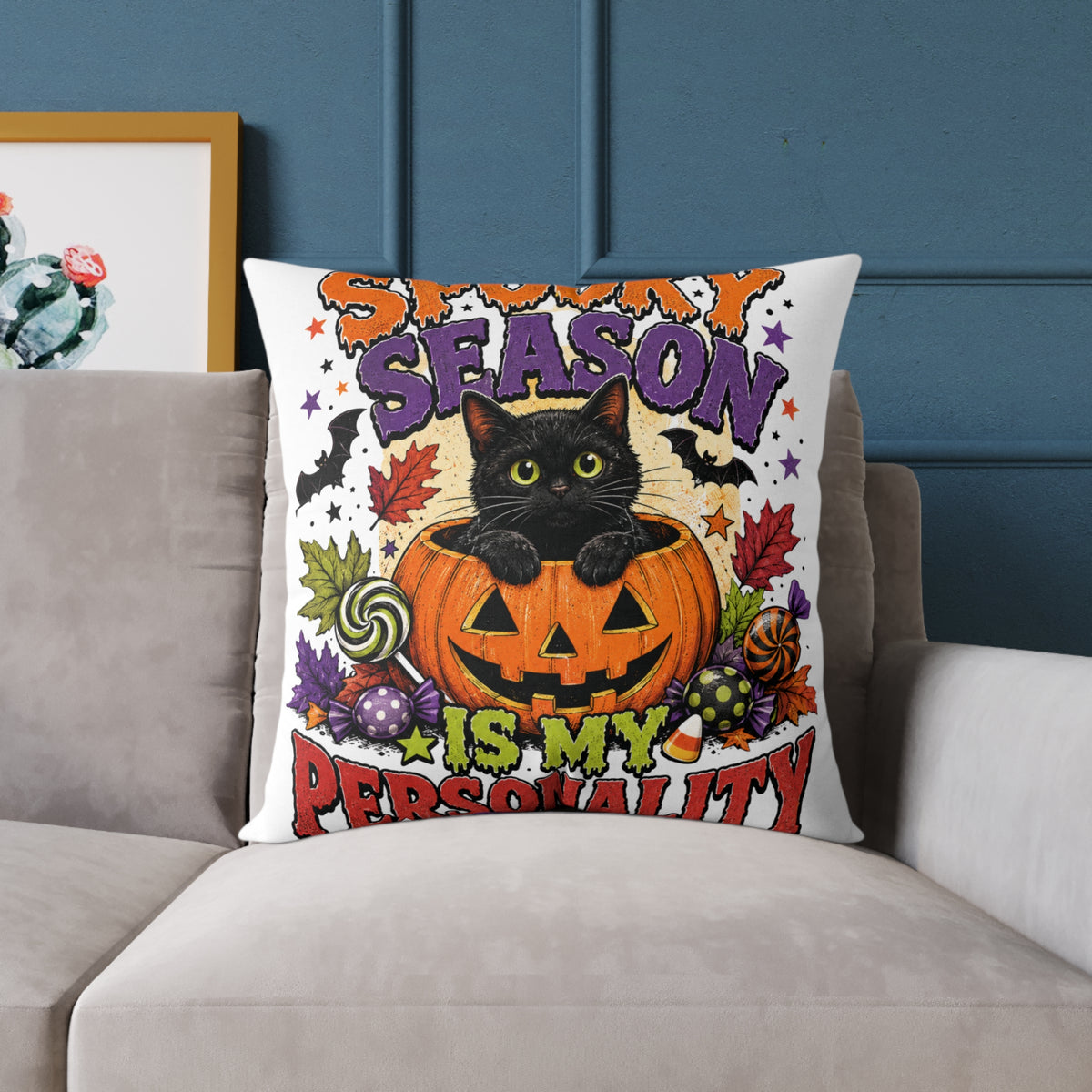Halloween Pillow — "Season Is My Personality" Black Cat Pumpkin Decorative Throw Pillow