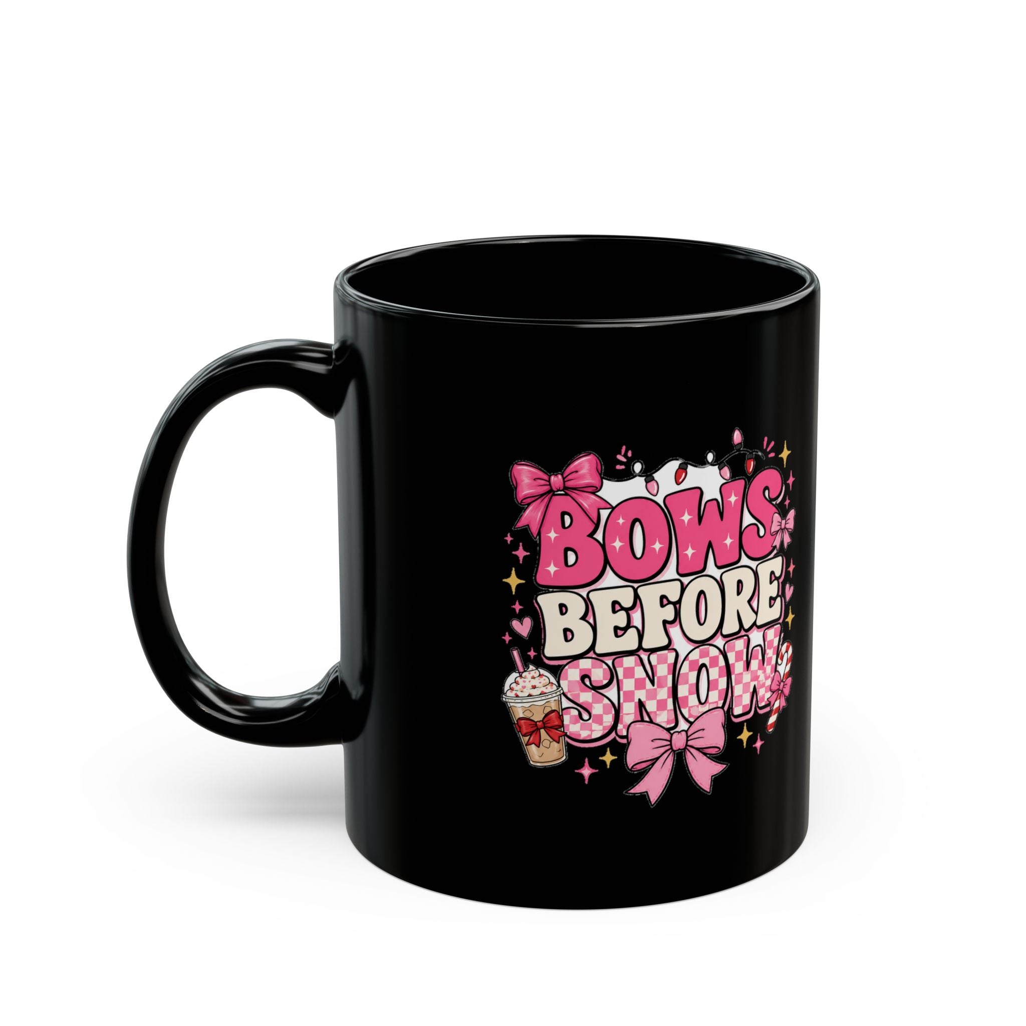 Modern Day Christmas Bows Before Snow Black Mug – Cute Pink Winter Bow Coffee Cup