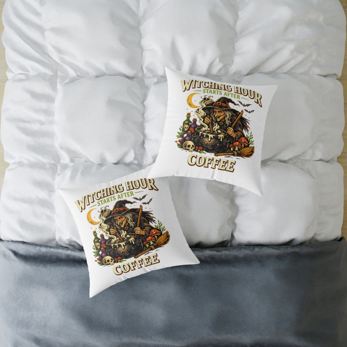 Halloween Witch Coffee Pillow — "Witching Hour Starts After Coffee" Square Throw Pillow