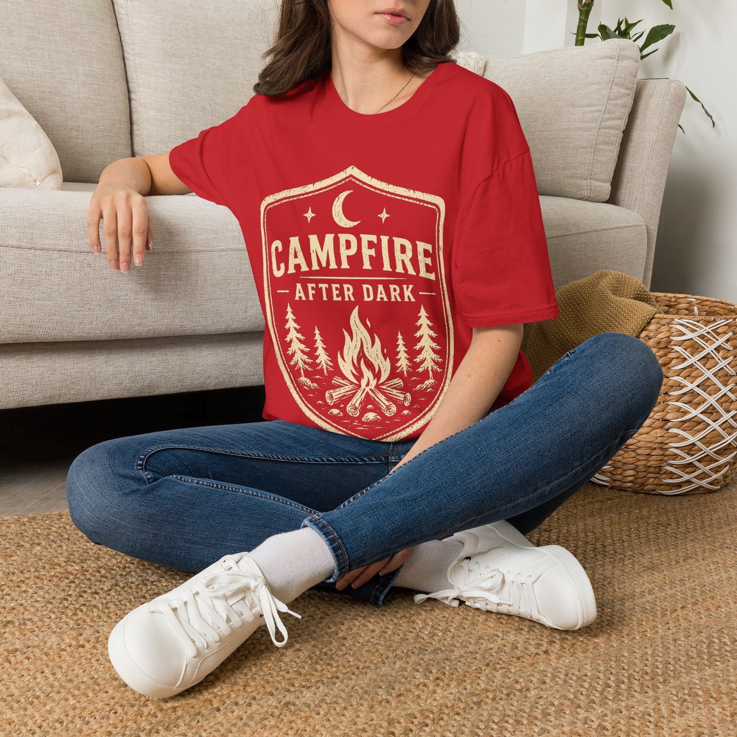 Campfire After Dark T-Shirt — Retro Camping Badge Tee for Outdoor Lovers