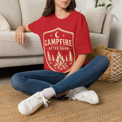 Campfire After Dark T-Shirt — Retro Camping Badge Tee for Outdoor Lovers