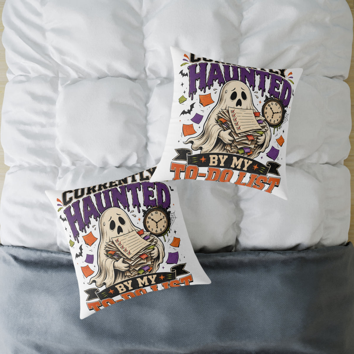Halloween Haunted By My To-Do List Square Pillow — Funny Halloween Ghost Decorative Throw Pillow