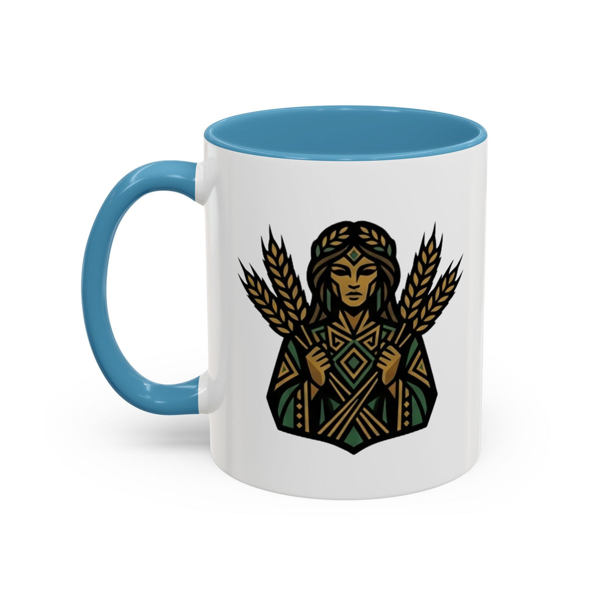 Virgo Zodiac Harvest Goddess Accent Coffee Mug — Rustic Wheat & Earthy Green Tribal Design