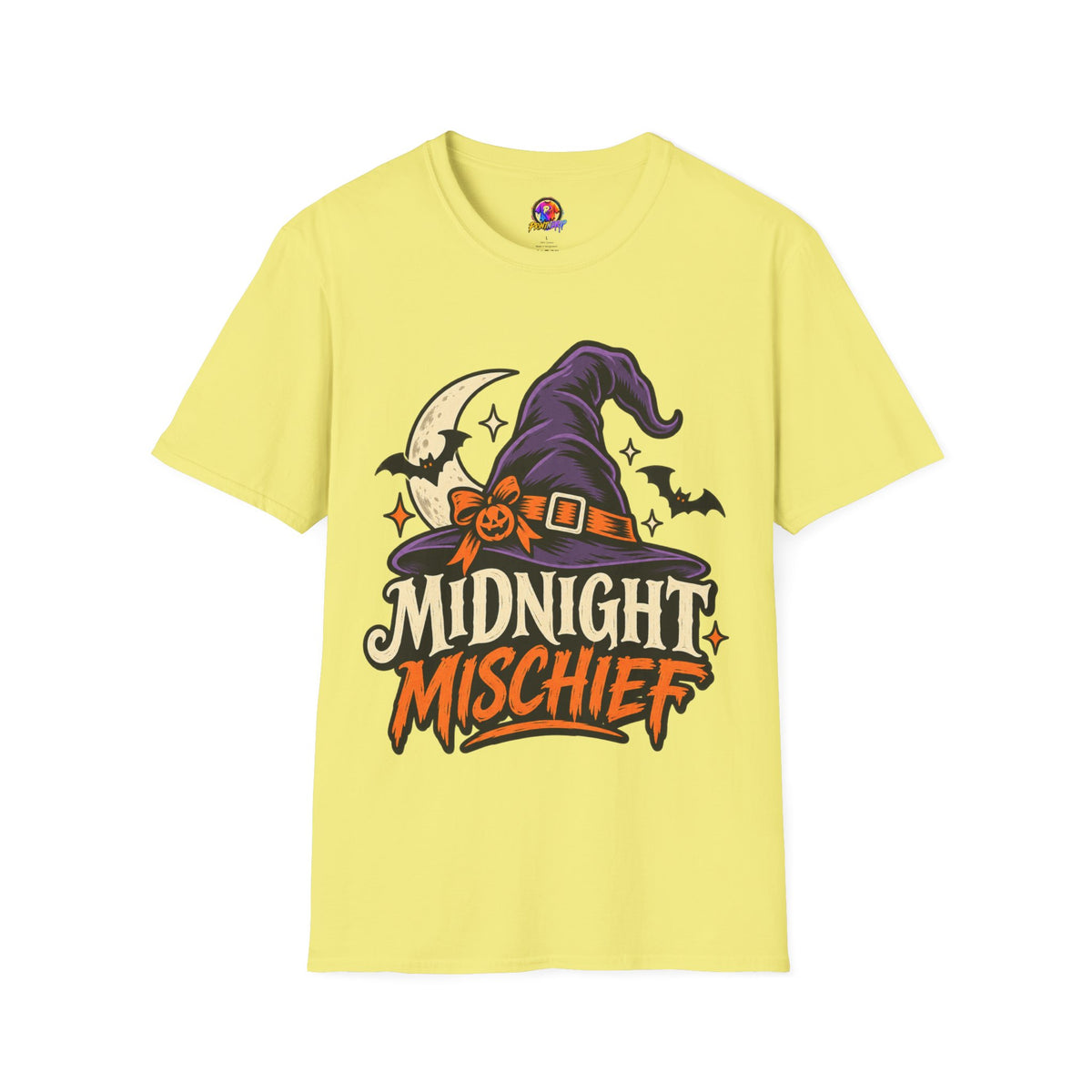 Midnight Mischief Halloween T-Shirt — Witch Hat & Bats Graphic