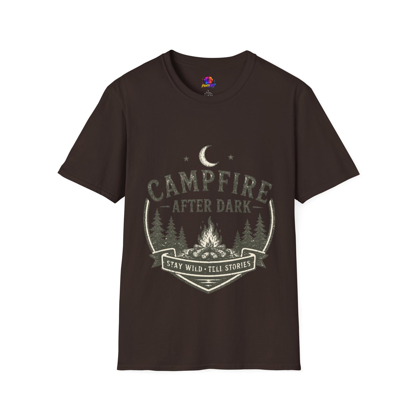 Campfire T-Shirt — "Campfire After Dark" Moonlit Camping Graphic