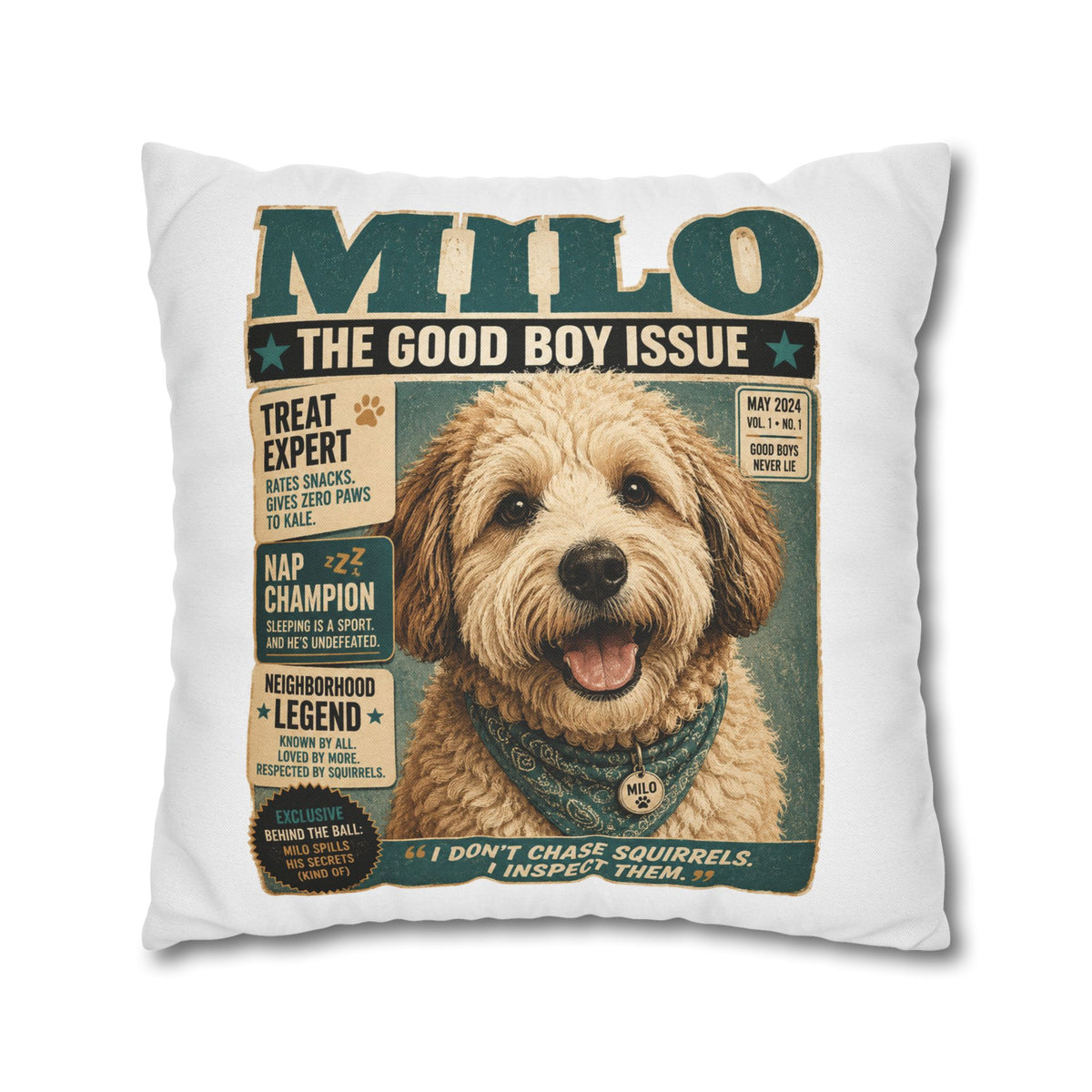 Dog Magazine Cover Pillowcase Milo Bailey Dog Dad Mom– "Milo: The Good Boy Issue" Decorative Throw Pillow