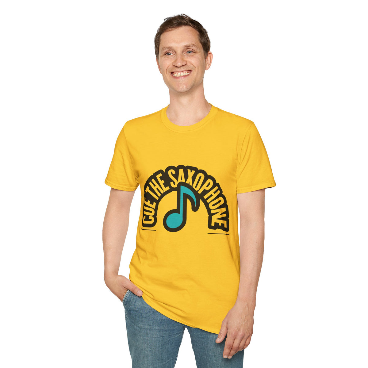 Cue The Saxophone Music Note T-Shirt - Teal Jazz Graphic Tee - Trending Now - September 2026