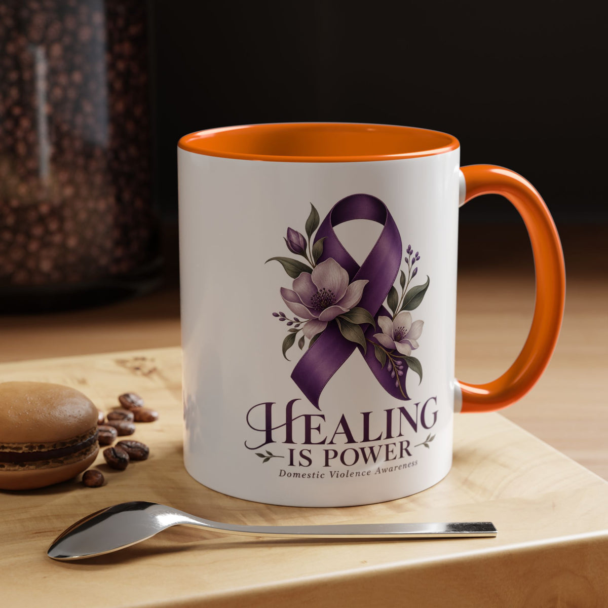 Healing Is Power Purple Ribbon Coffee Mug — Domestic Violence Awareness Accent Mug (11/15oz)