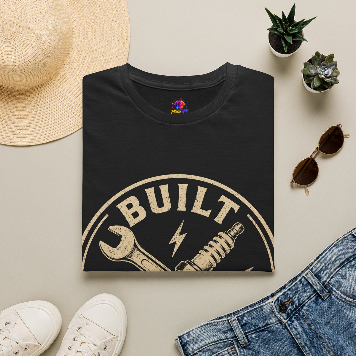 Built Not Bought T-Shirt — Vintage Mechanic Wrench & Spark Plug Design
