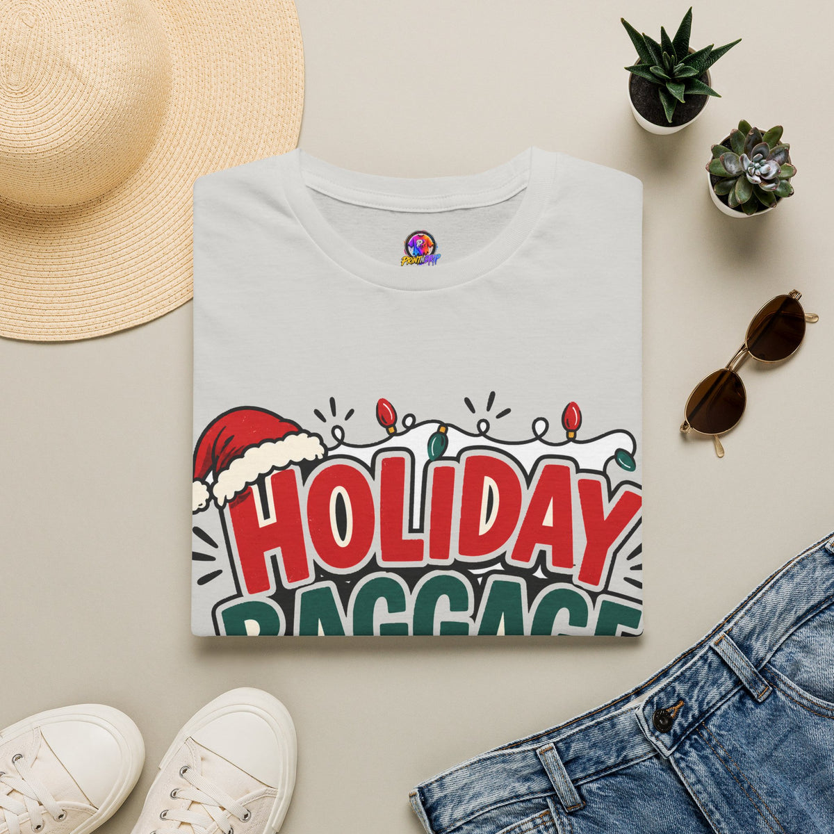 Holiday Baggage Claim T-Shirt — Funny Christmas Vacation Tee with Santa Hat & Lights