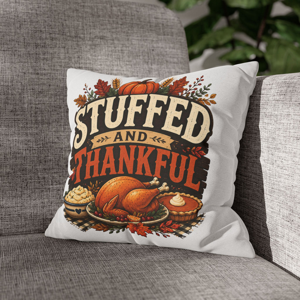 Thanksgiving Decorative Pillowcase – “Stuffed and Thankful” Autumn Throw Pillowcase