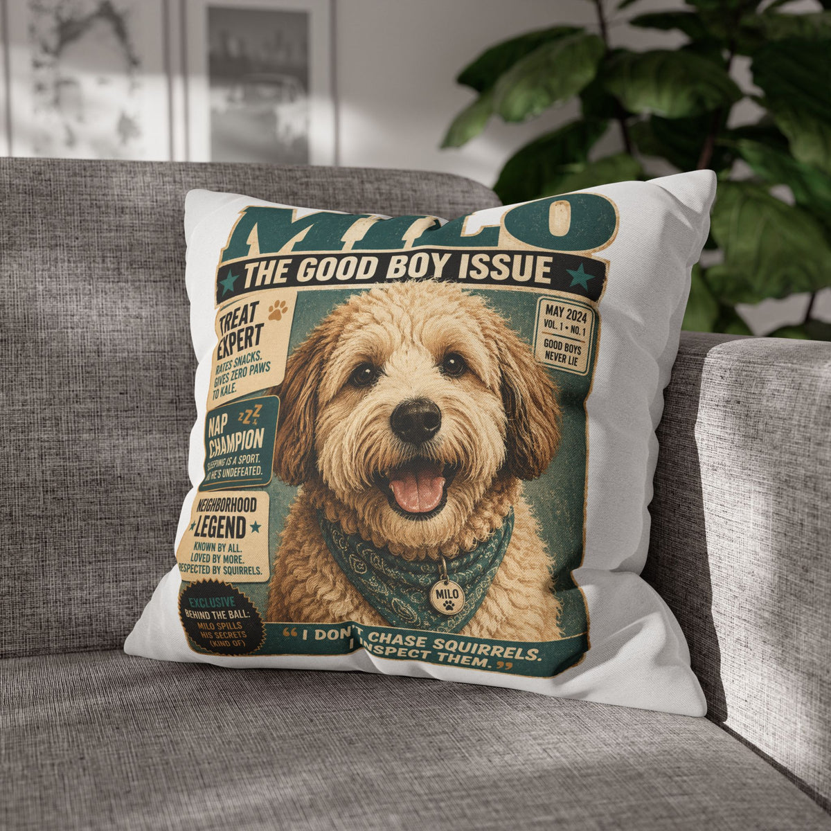Dog Magazine Cover Pillowcase Milo Bailey Dog Dad Mom– "Milo: The Good Boy Issue" Decorative Throw Pillow