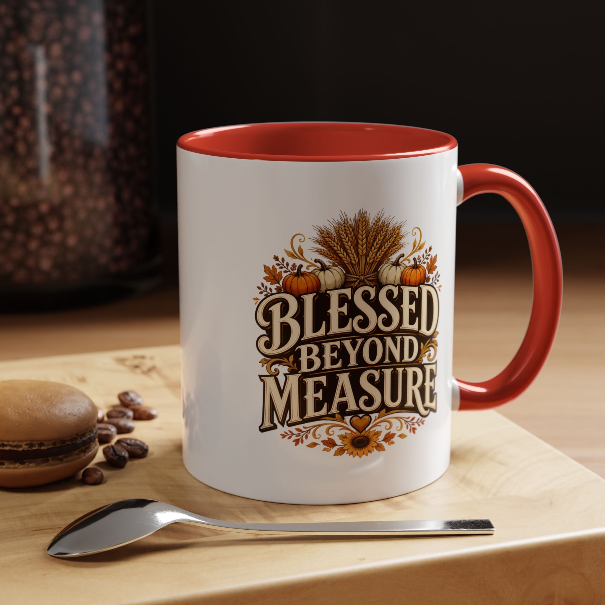 Thanksgiving Mug Blessed Beyond Measure Accent Coffee Mug — Fall Pumpkin & Wheat Autumn Faith Mug