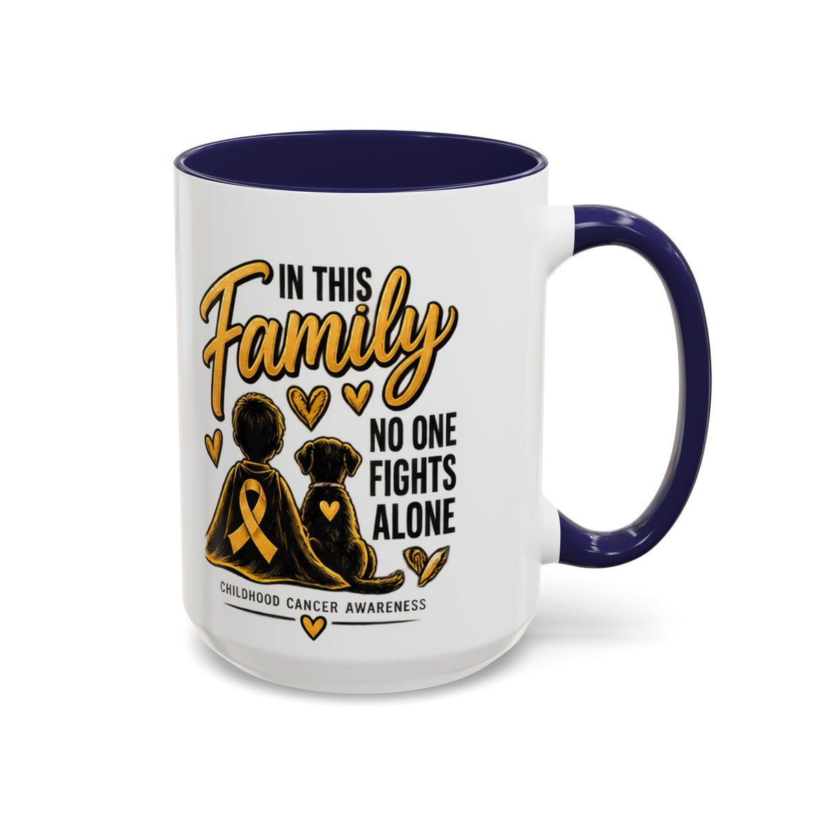 Childhood Cancer Awareness Accent Coffee Mug – "In This Family No One Fights Alone" (11/15oz)
