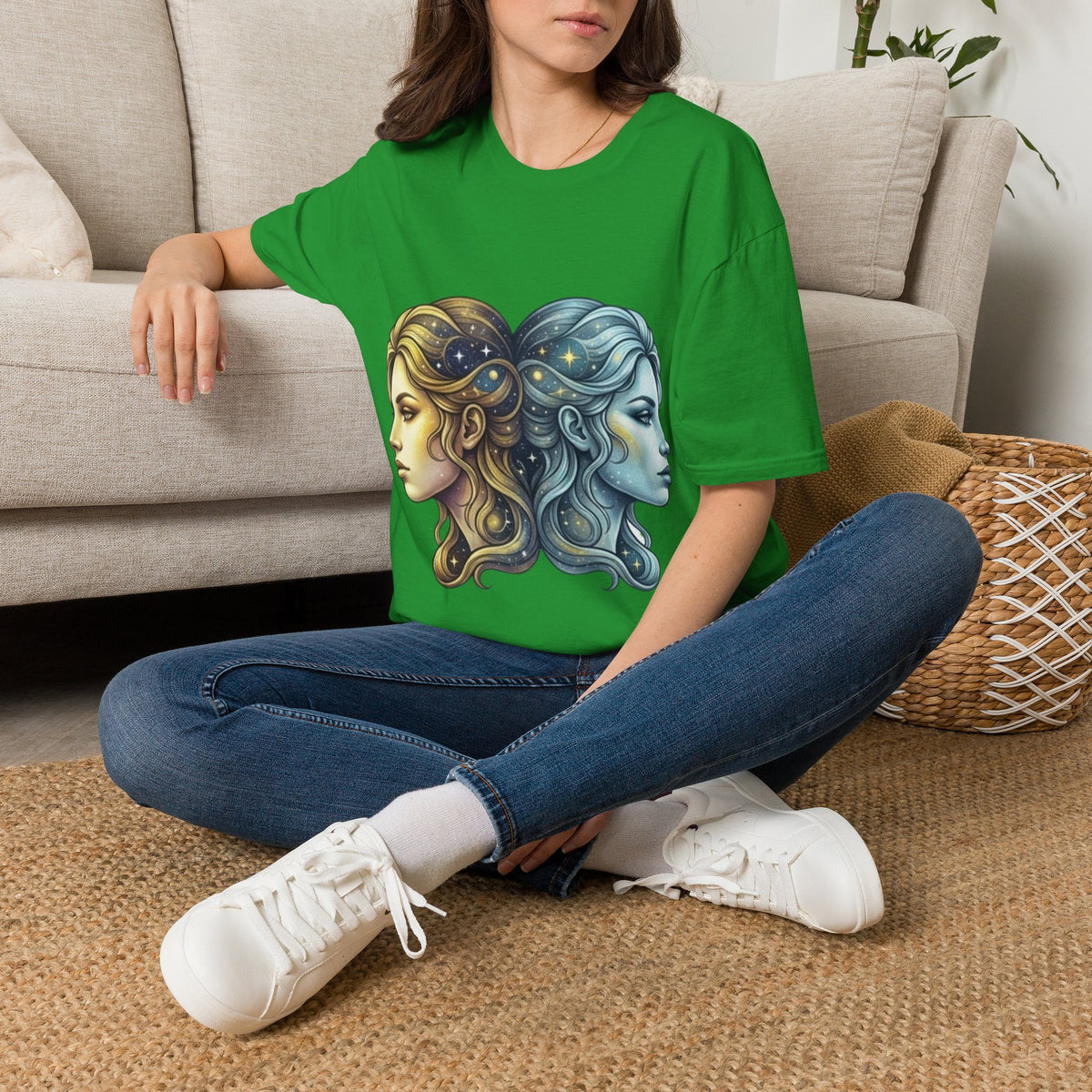 Zodiac Gemini Sun & Moon T-Shirt — Dual Faces Cosmic Design