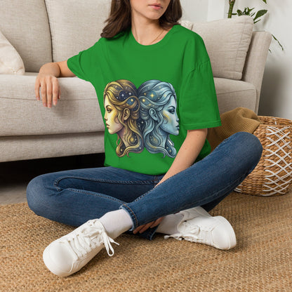 Zodiac Gemini Sun & Moon T-Shirt — Dual Faces Cosmic Design