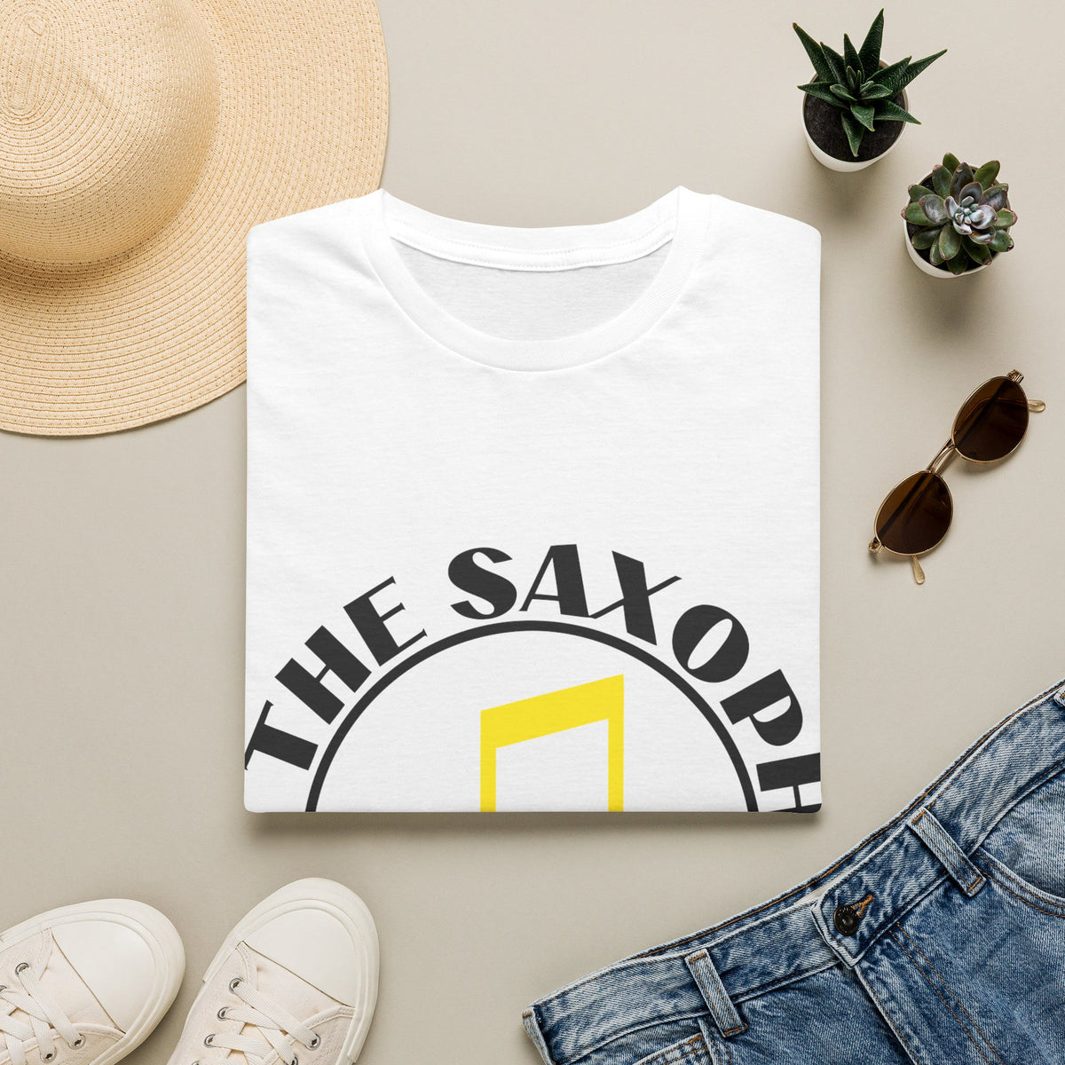 Cue The Saxophone Yellow Badge Tee - Funny Retro Music Slogan Graphic T-Shirt - Trending Now - September 2026