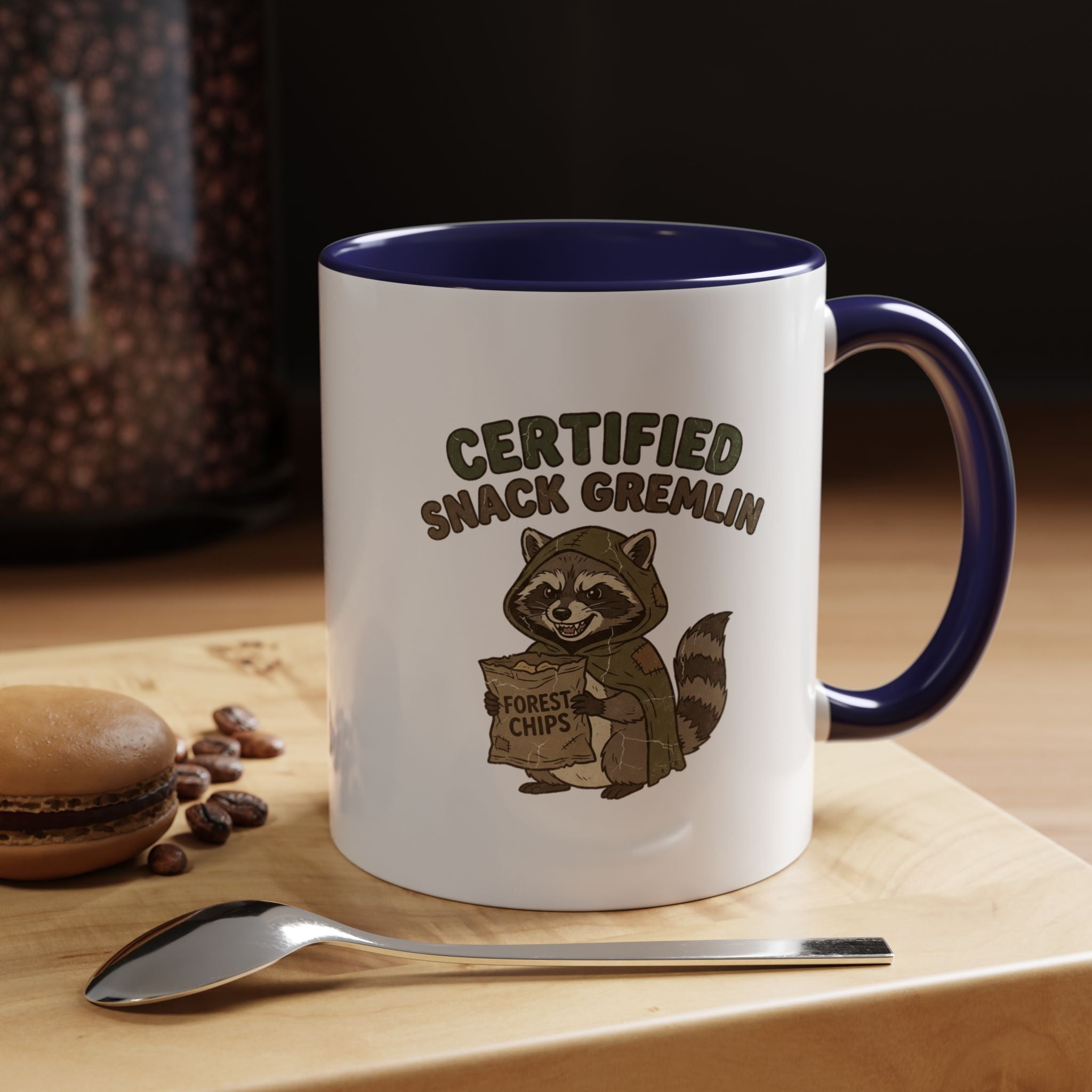 Funny Certified Snack Gremlin Coffee Mug — Cute Raccoon Snack Lover Accent Mug