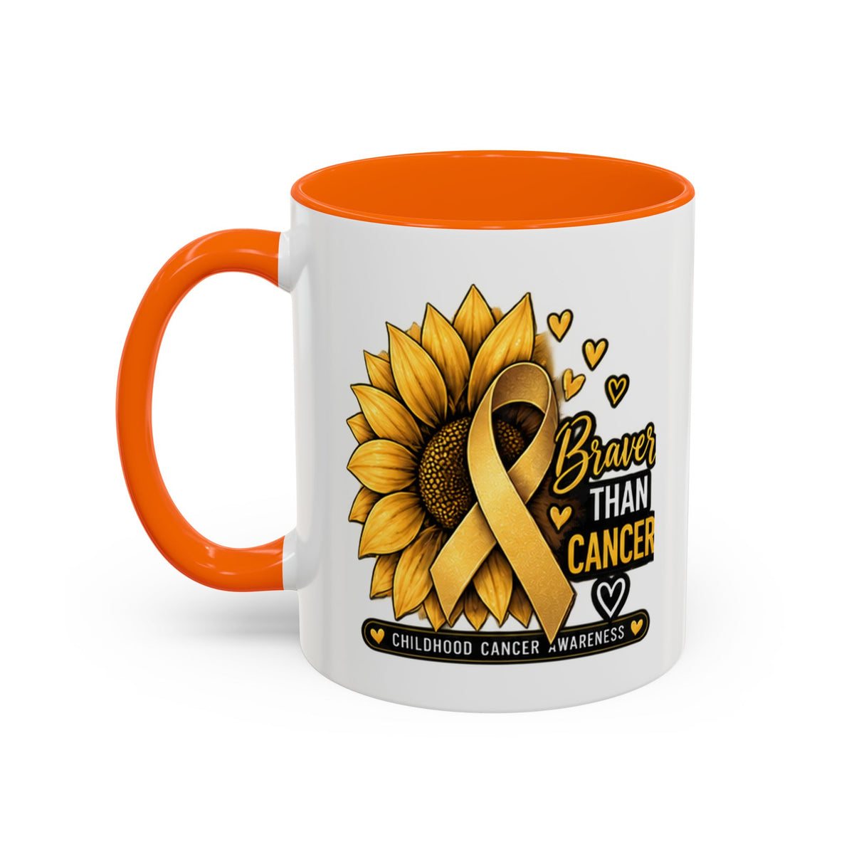 Childhood Cancer Awareness Mug — "Braver Than Cancer" Sunflower & Gold Ribbon