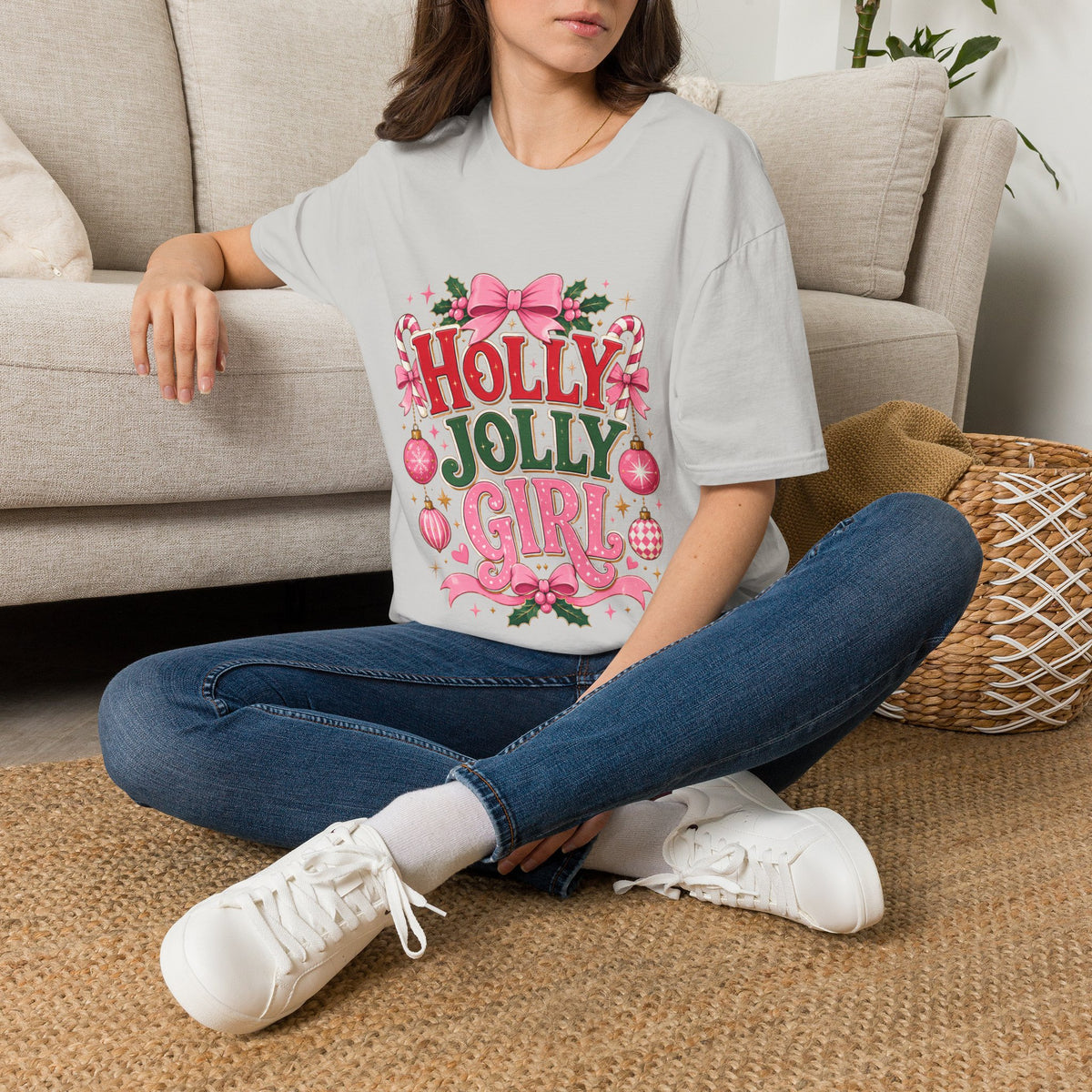 Holly Jolly Girl T-Shirt — Pink Holiday Graphic Tee