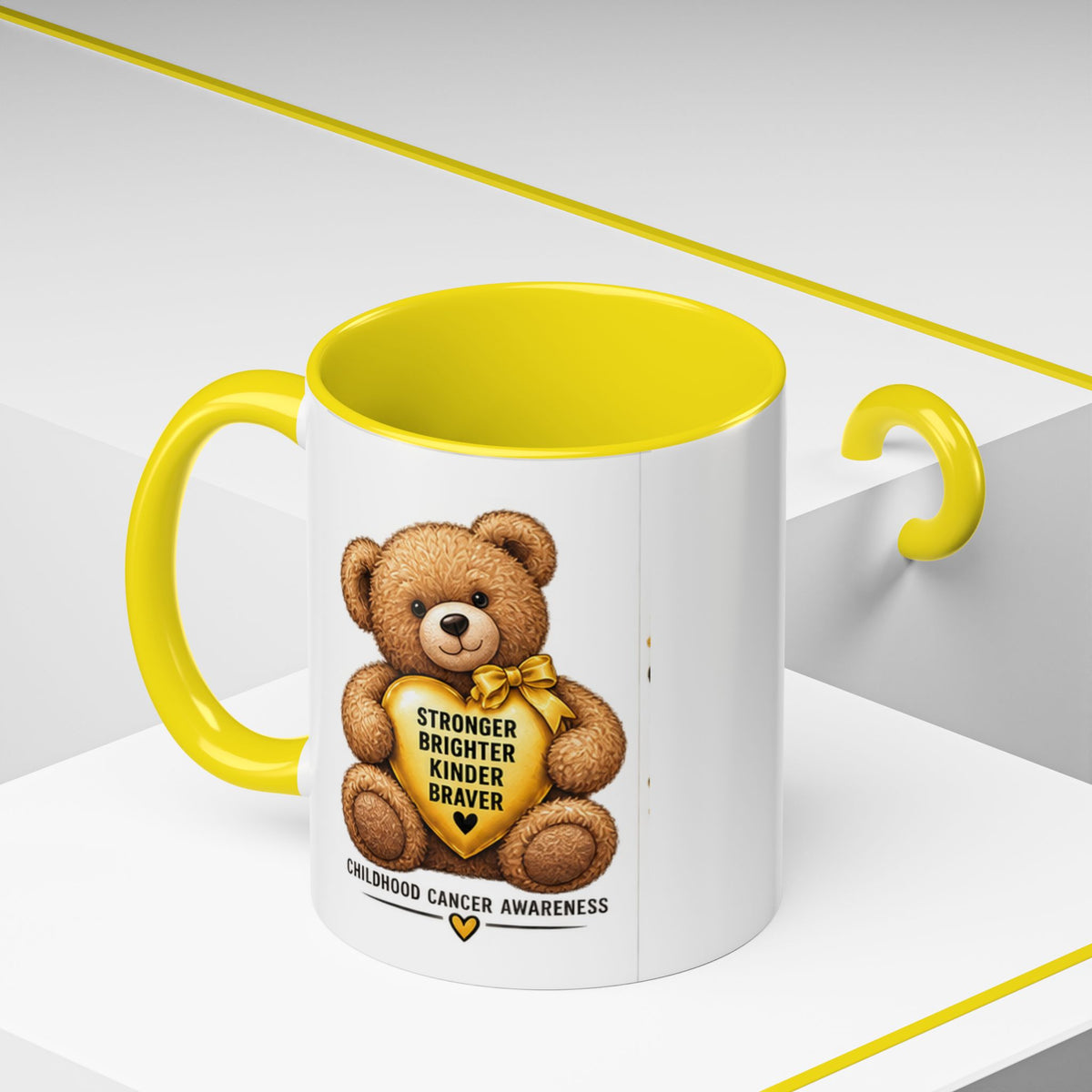Childhood Cancer Awareness Coffee Mug — 'Stronger Brighter Kinder Braver' Teddy