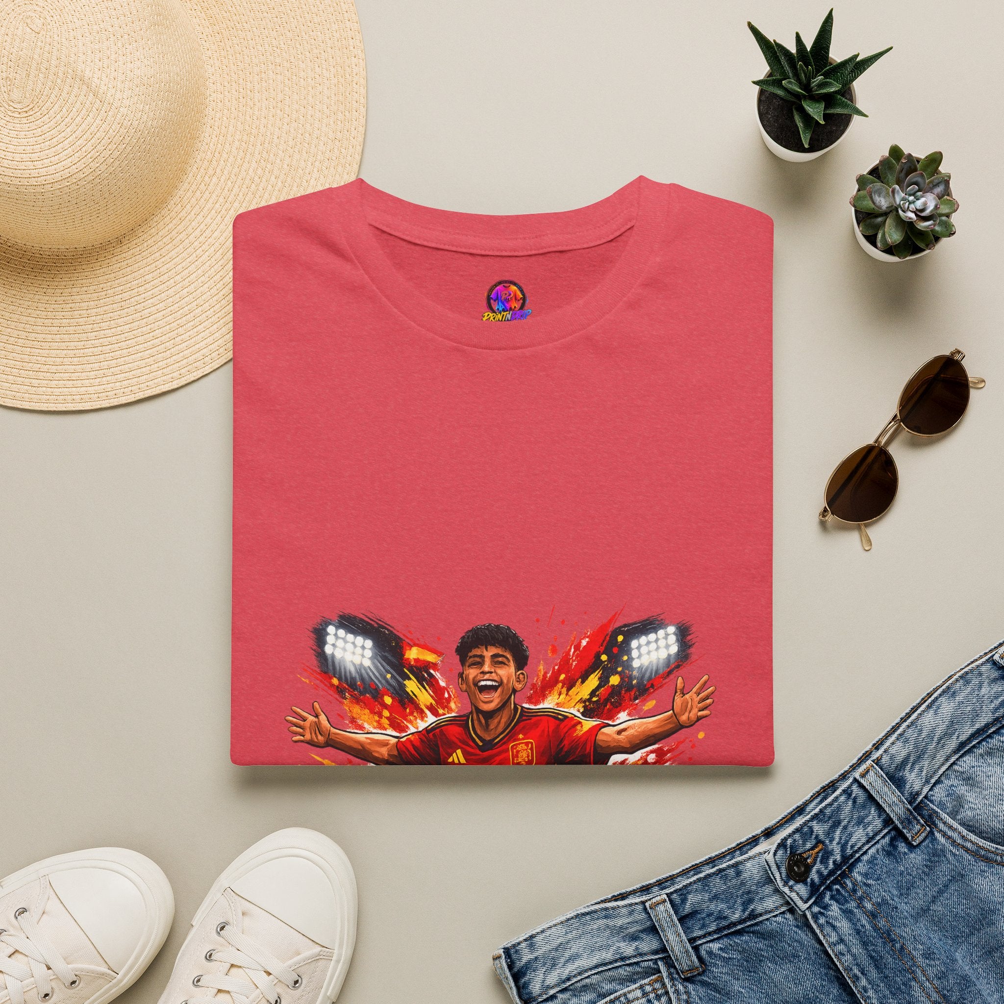Spain Soccer Fan Portrait T‑Shirt – Fiery Goal Celebration Design