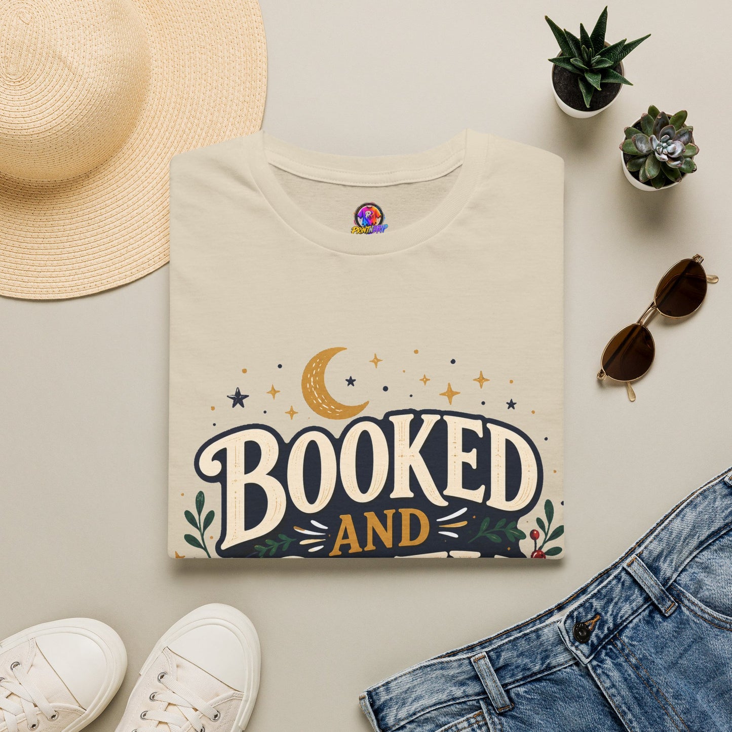Booked and Cozy T-Shirt — Cozy Reading Graphic Tee (Books, Moon & Stars)