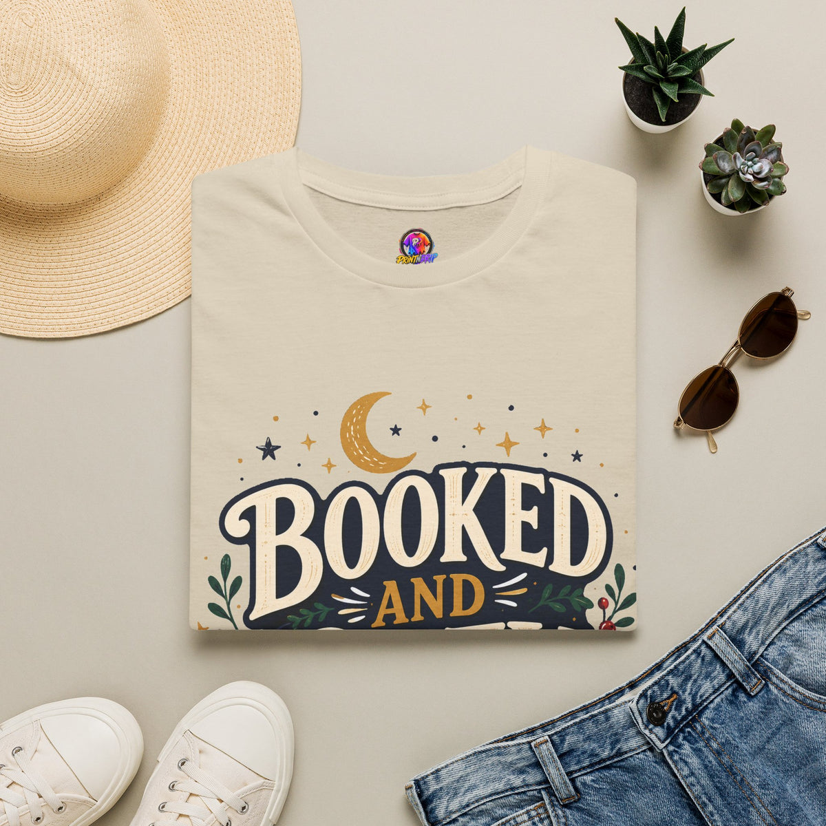 Booked and Cozy T-Shirt — Cozy Reading Graphic Tee (Books, Moon & Stars)