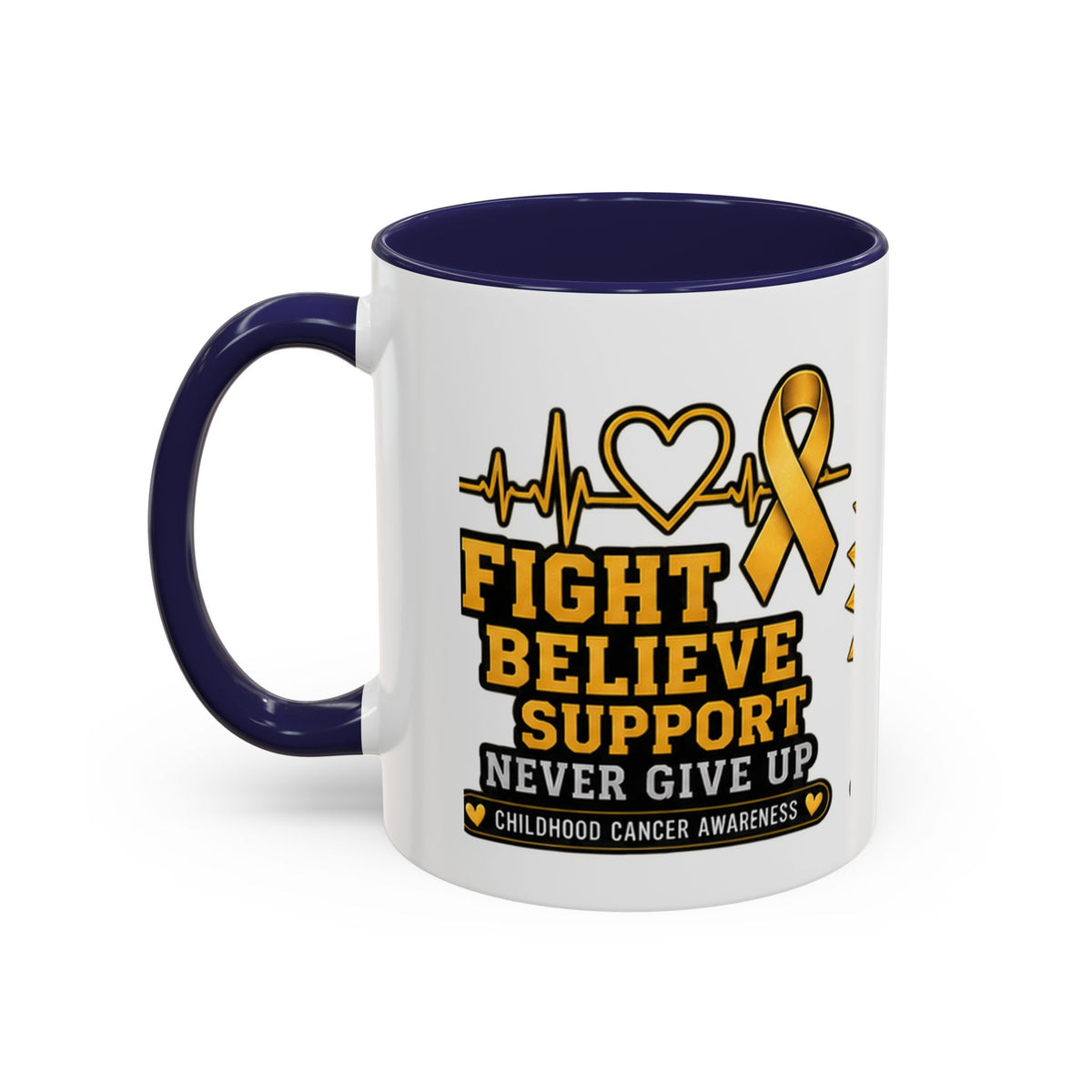 Childhood Cancer Awareness Accent Coffee Mug — "Fight Believe Support" 11/15oz