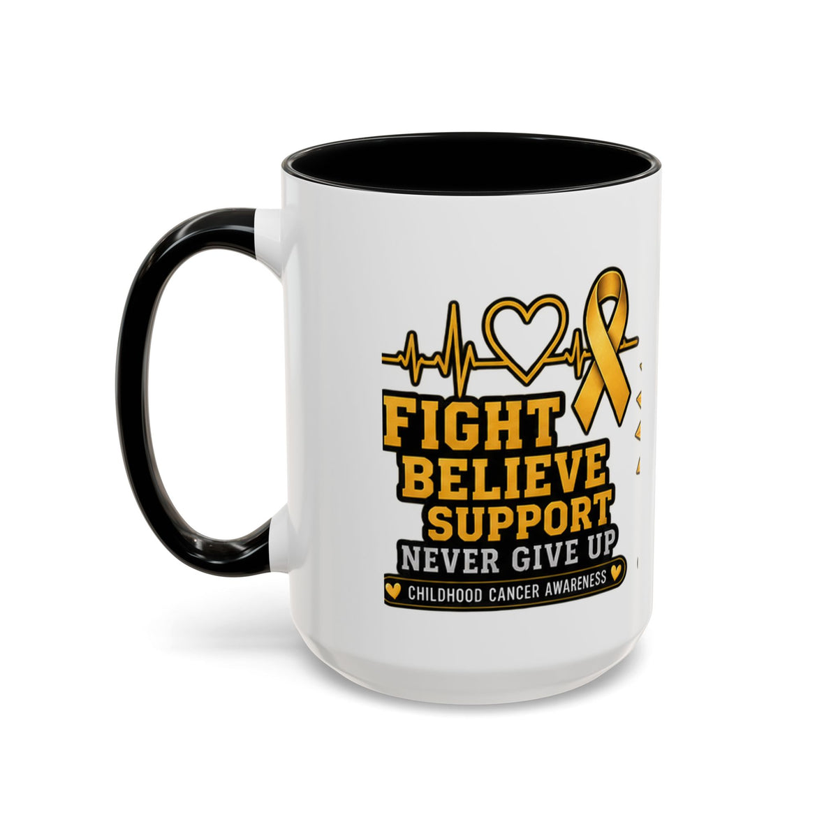 Childhood Cancer Awareness Accent Coffee Mug — "Fight Believe Support" 11/15oz