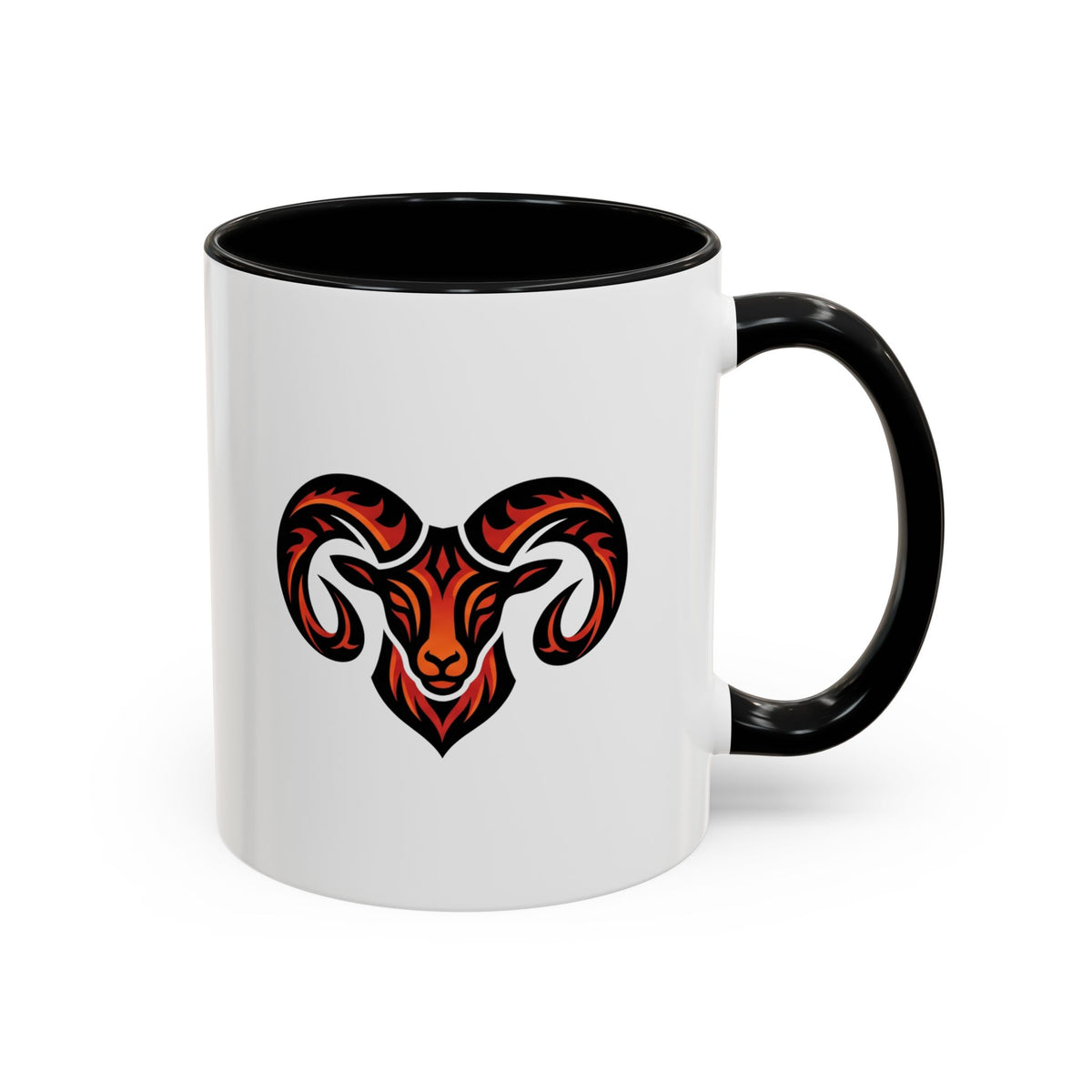 Aries Zodiac Ram Logo Accent Coffee Mug — Bold Tribal Ram Head Design