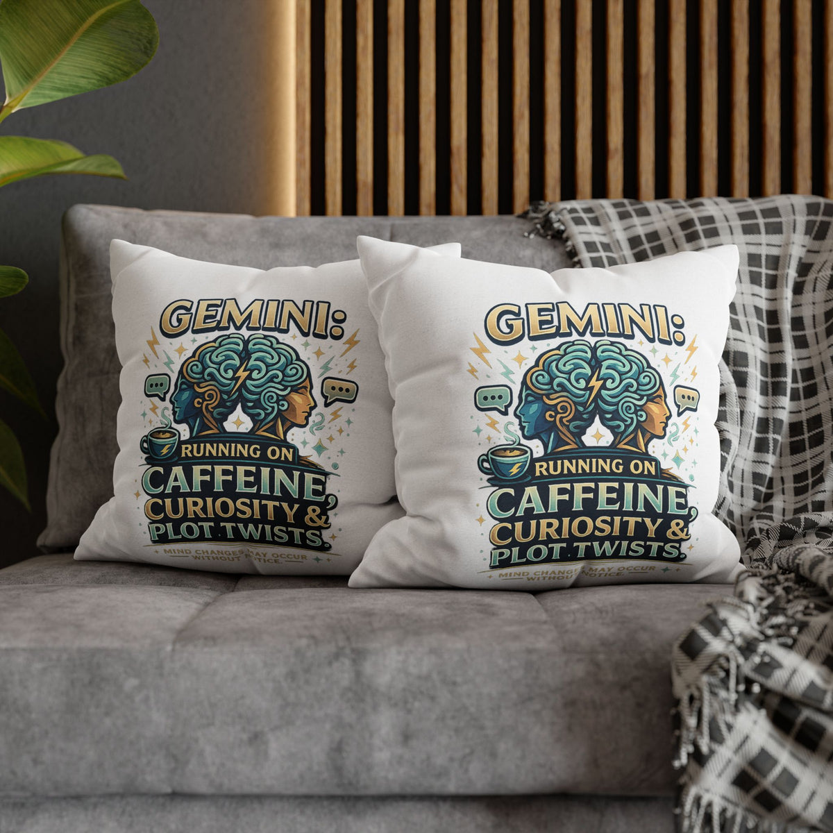 Gemini Decorative Pillow pillowcase — "Running on Caffeine, Curiosity & Plot Twists"
