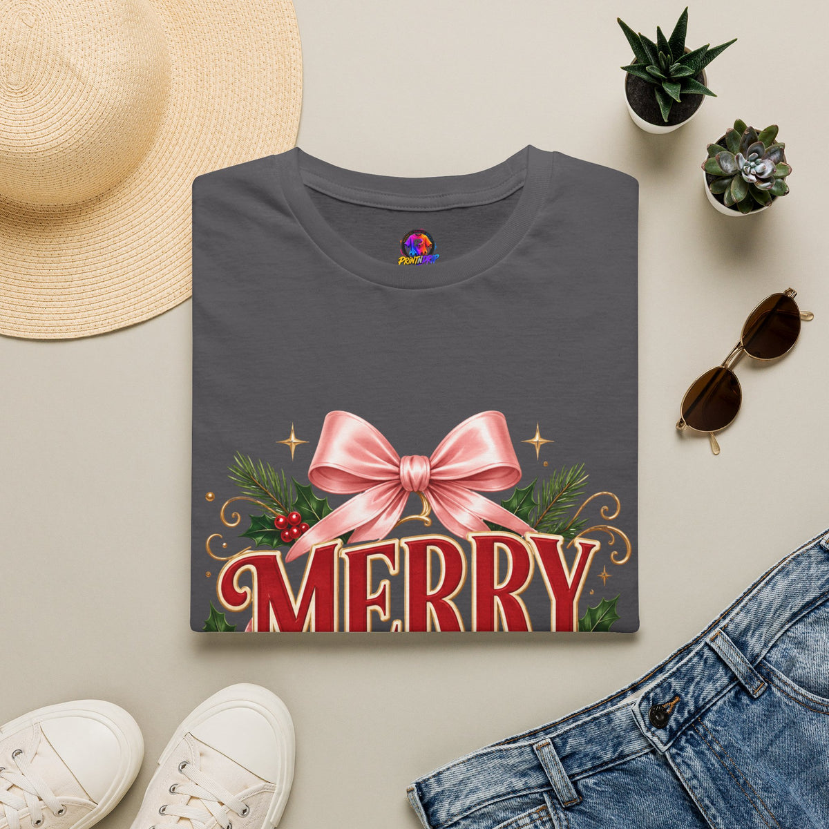 Merry Mama Christmas T-Shirt — Festive Bow & Holiday Greenery Tee