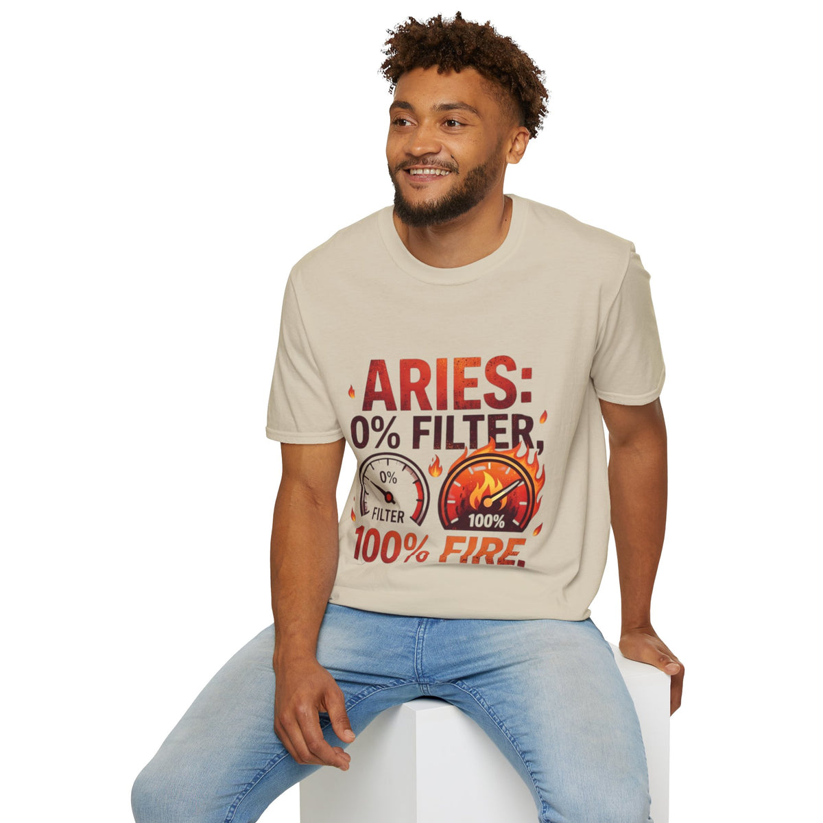 Aries T-Shirt — "Aries: 0% Filter, 100% Fire" Bold Zodiac Tee