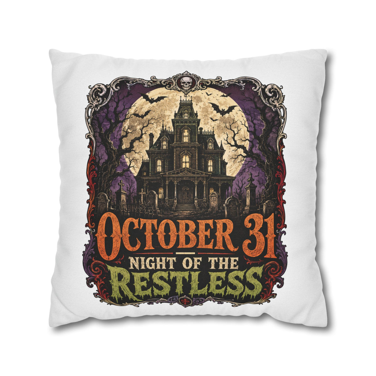 Halloween Pillowcase — "October 31 Night of the Restless" Haunted House Throw Pillow