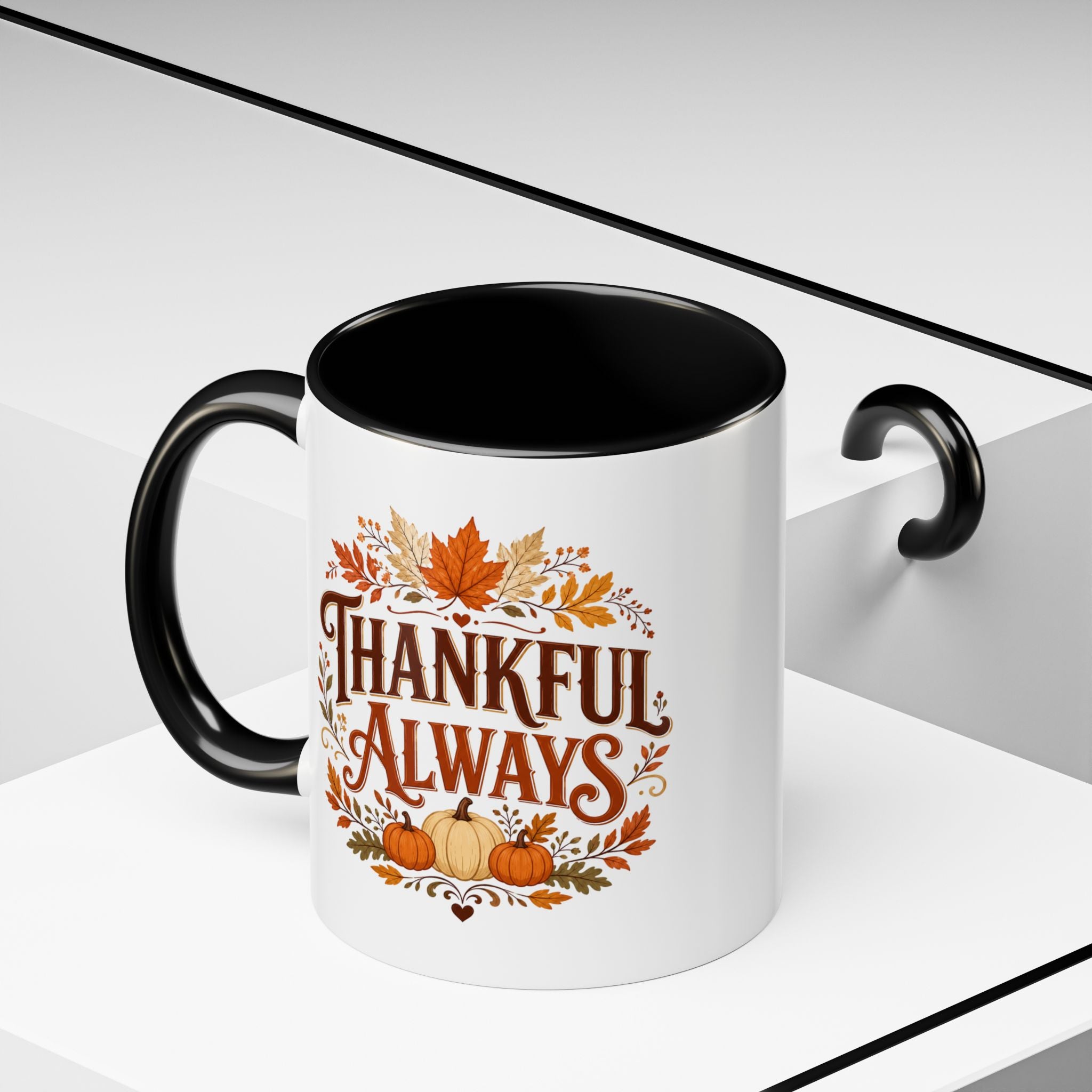 Thanksgiving Mug Thankful Always Accent Coffee Mug — Fall Pumpkin & Leaves Thanksgiving Gift