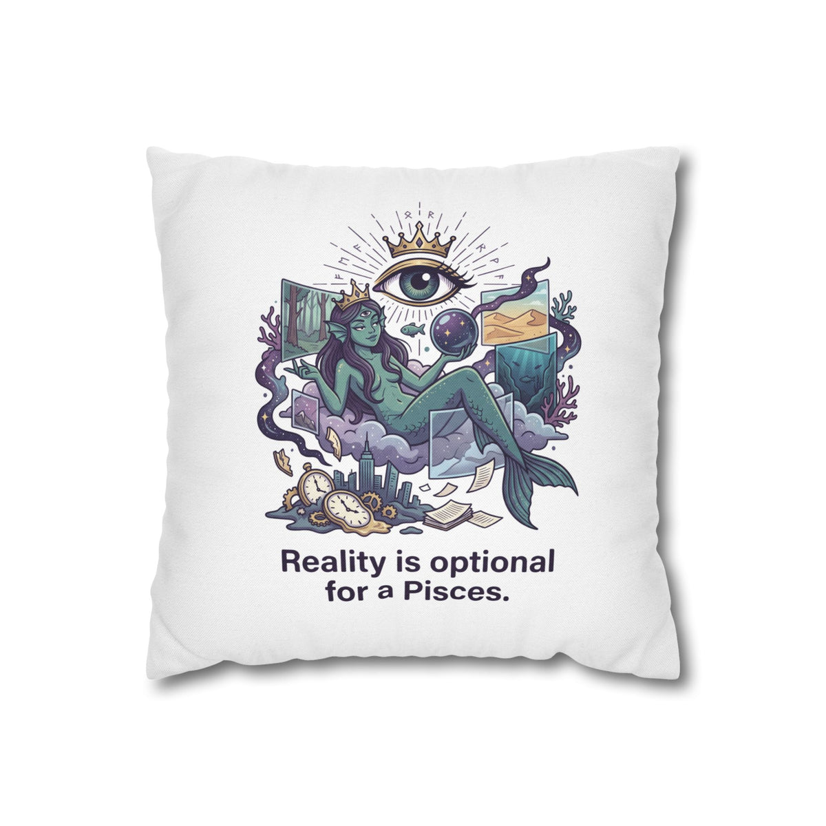 Pisces Mermaid Pillowcase — "Reality Is Optional for a Pisces" Decorative Throw Pillow