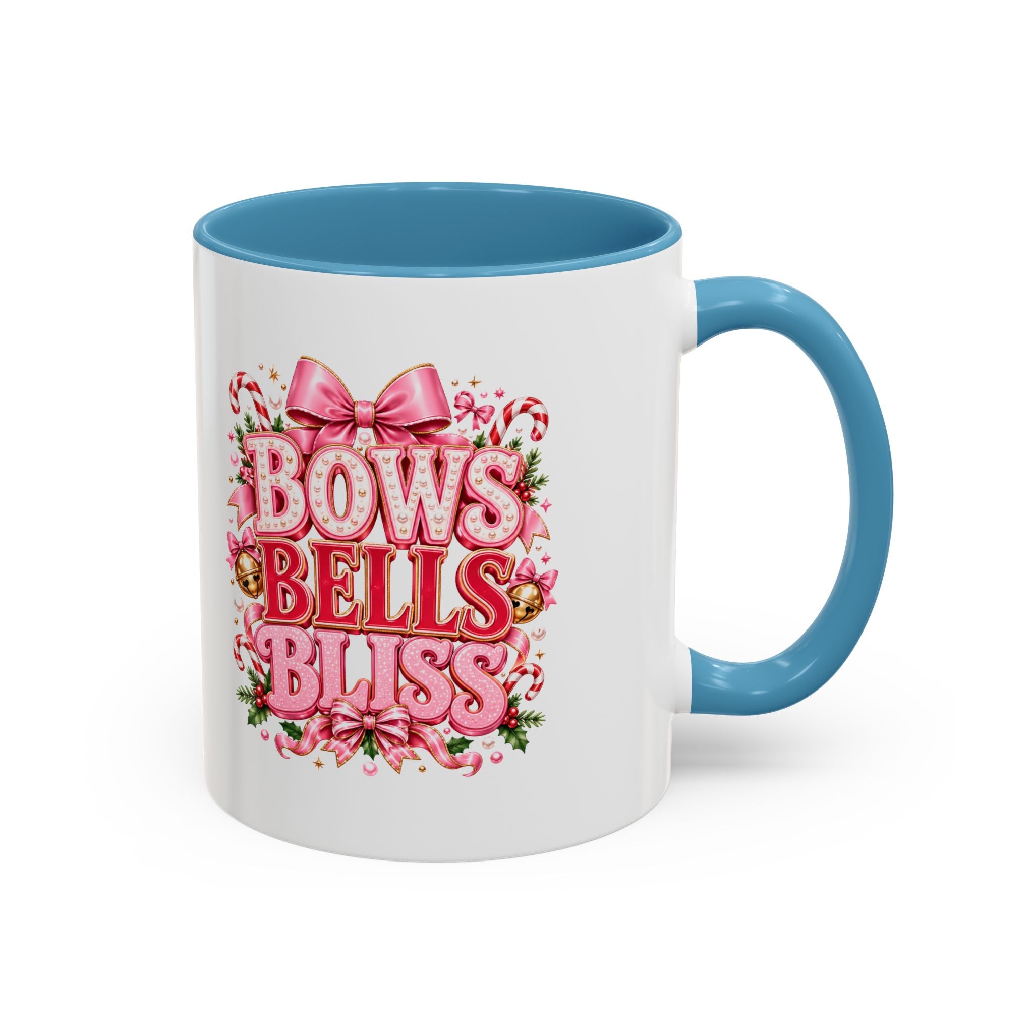 Modern Day Christmas Bows Bells Bliss Coffee Mug — Pink Holiday Accent Mug