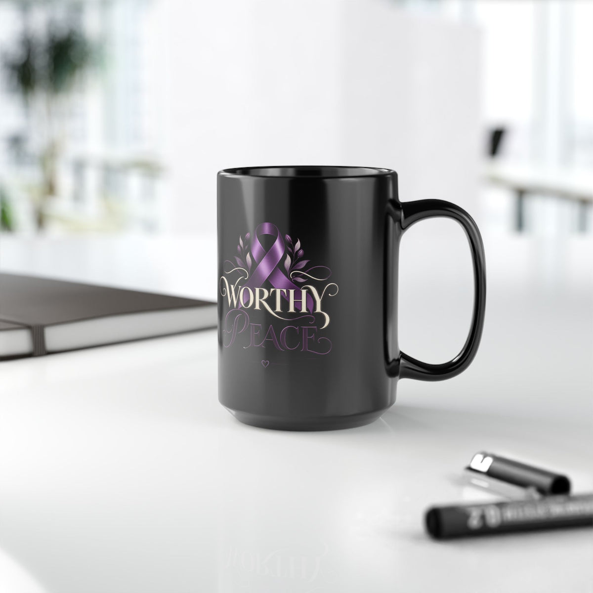 Worthy Peace Ribbon Black Mug —Domestic Violence Inspirational Awareness Coffee Cup (11oz & 15oz)