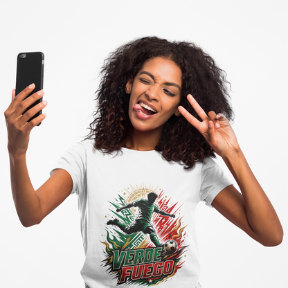 Verde Fuego Mexico Soccer T-Shirt — Dynamic Player Silhouette Football Tee