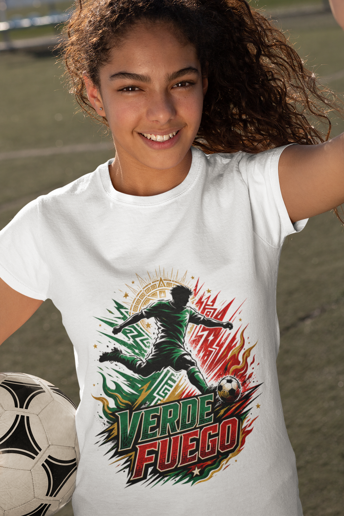 Verde Fuego Mexico Soccer T-Shirt — Dynamic Player Silhouette Football Tee