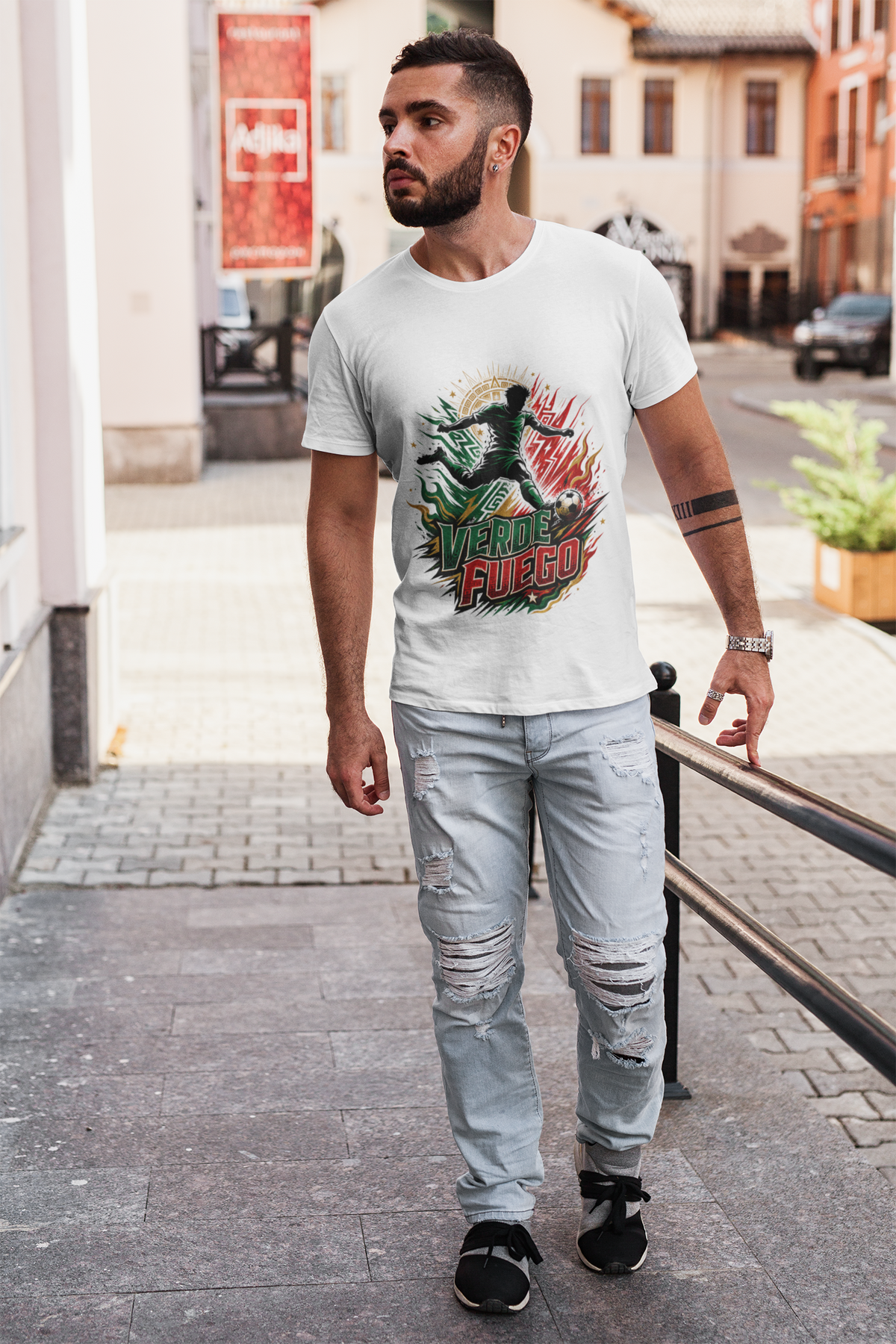 Verde Fuego Mexico Soccer T-Shirt — Dynamic Player Silhouette Football Tee